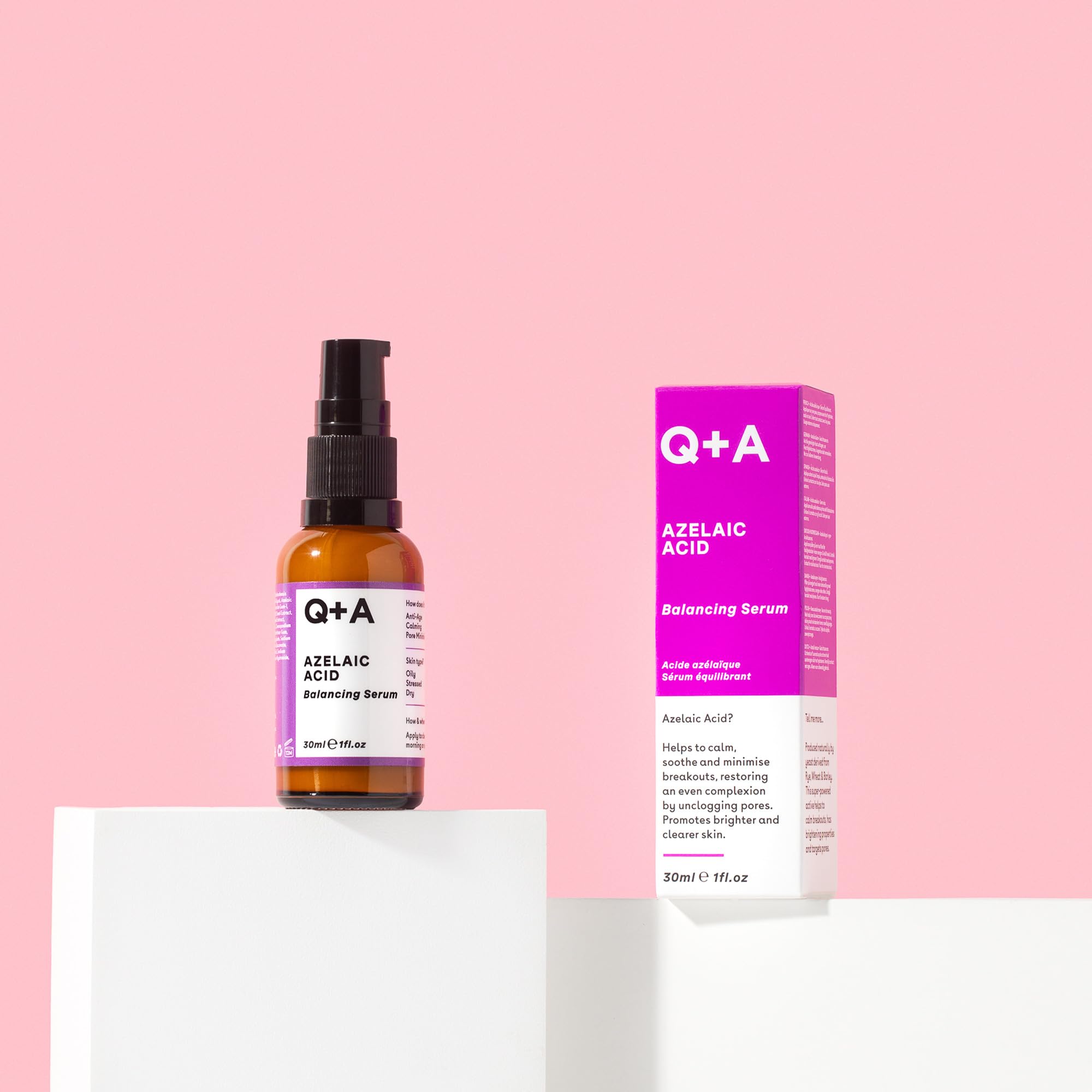 Q+A azelainowym Serum wyrównujące pH, zawierające cynk PCA minimalizujący pory i antyoksydanty dla odświeżonej i gładszej skóry, 30 ml.