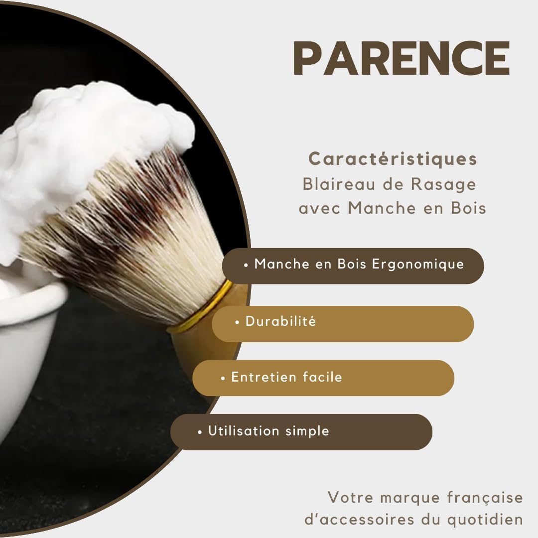 PARENCE.- Pennello da barba con manico in legno - Design classico ed elegante, universale