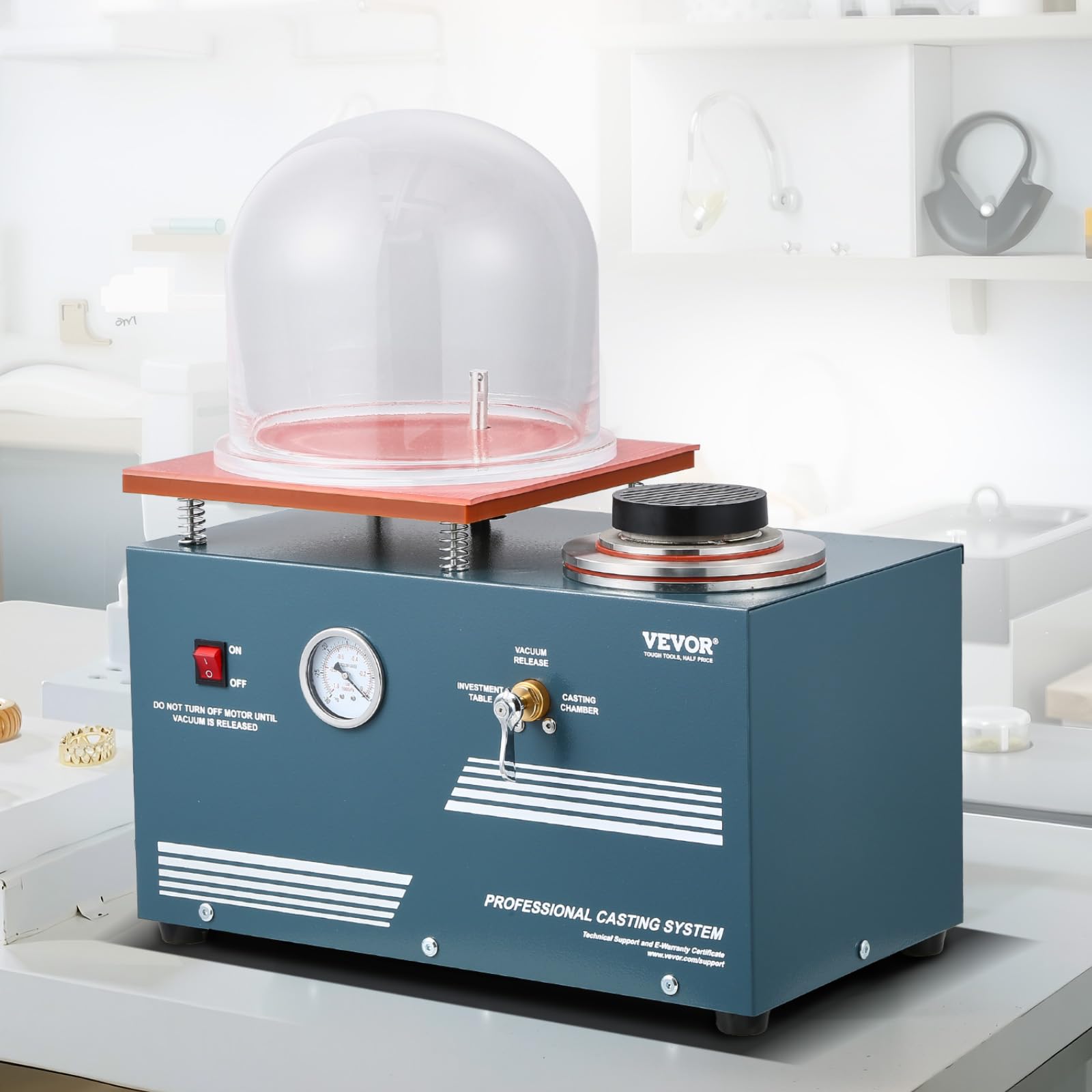 VEVOR Macchina per Fusione Sotto Vuoto, Potenza 290 W Macchina Centrifuga di Colata Gioielli con Pompa e Campana di Vetro, Comoda Porta di Iniezione dell'Olio, Banco da Lavoro 280 x 280 mm