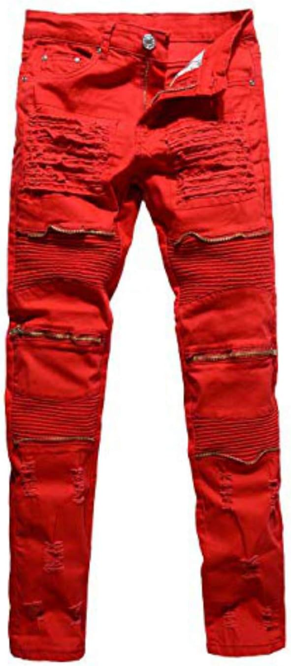 Men's Ripped Slim Distressed Jeans Straight Fit Biker Moto Denim Pants with Zipper Deco