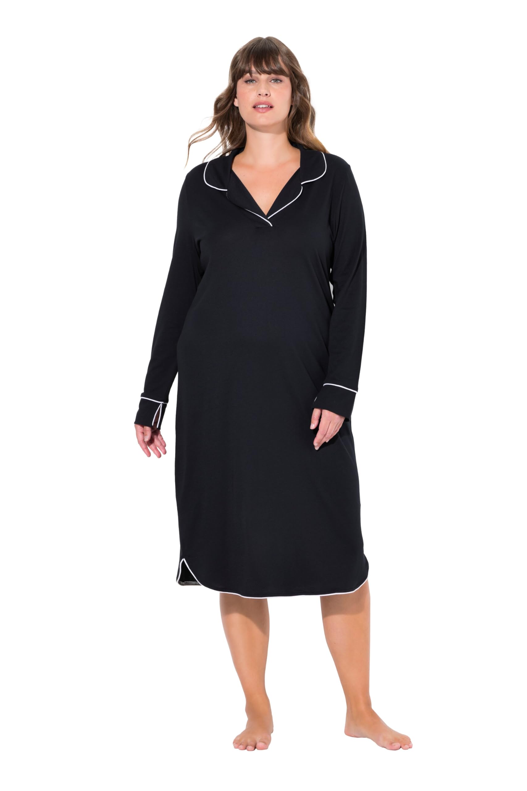 Ulla Popken Damen große Größen Übergrößen Plus Size Nachthemd, Zierpaspel, Reverskragen, Langarm 812447