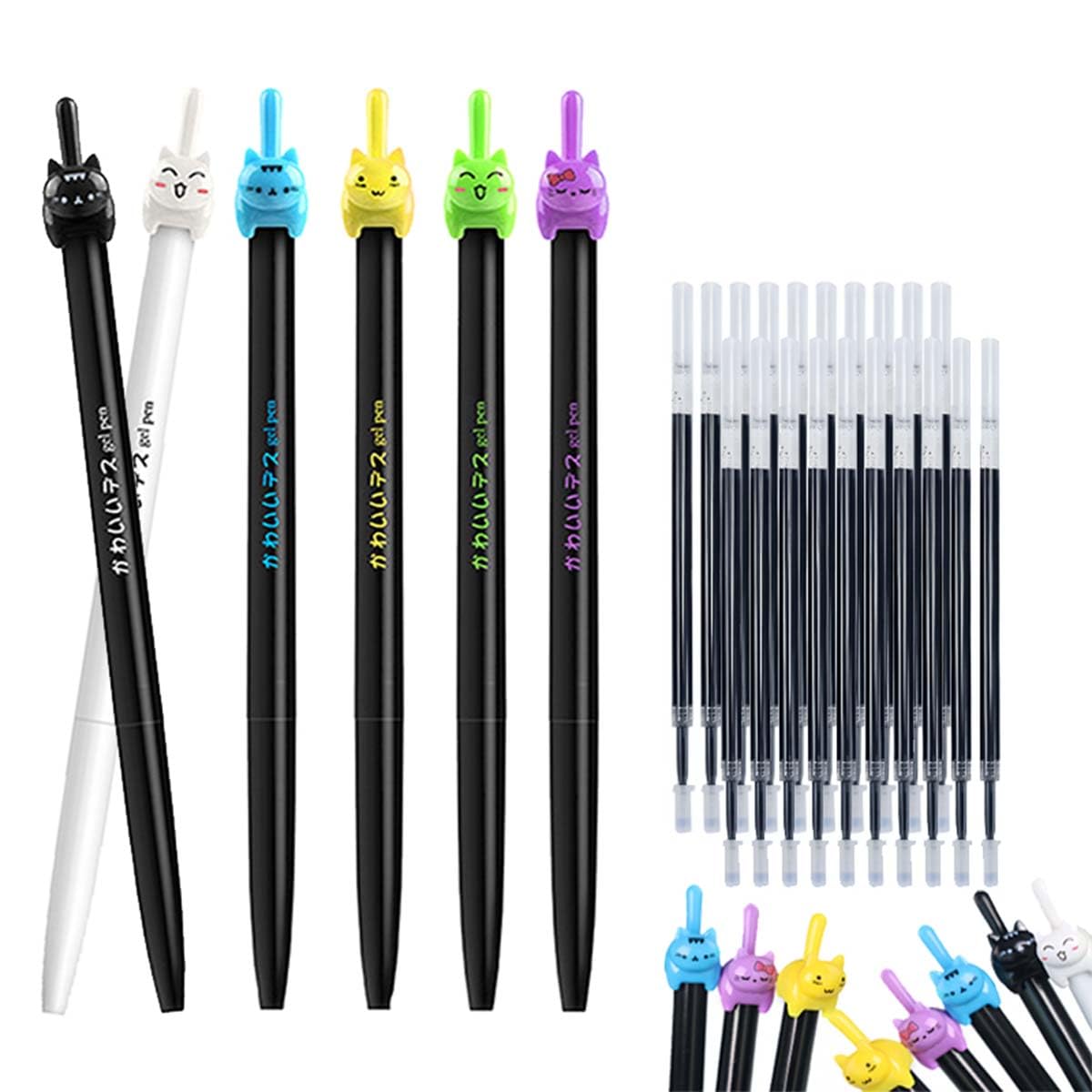 JOMPENS 22pcs/set Creative Animal Cat Shaped Retractable Gel Pen Set, 0.5mm Black Quick Drying Filling Pen Refills Signature Pen, Suitable for Office Writing (2 Random Pens+20Refills)
