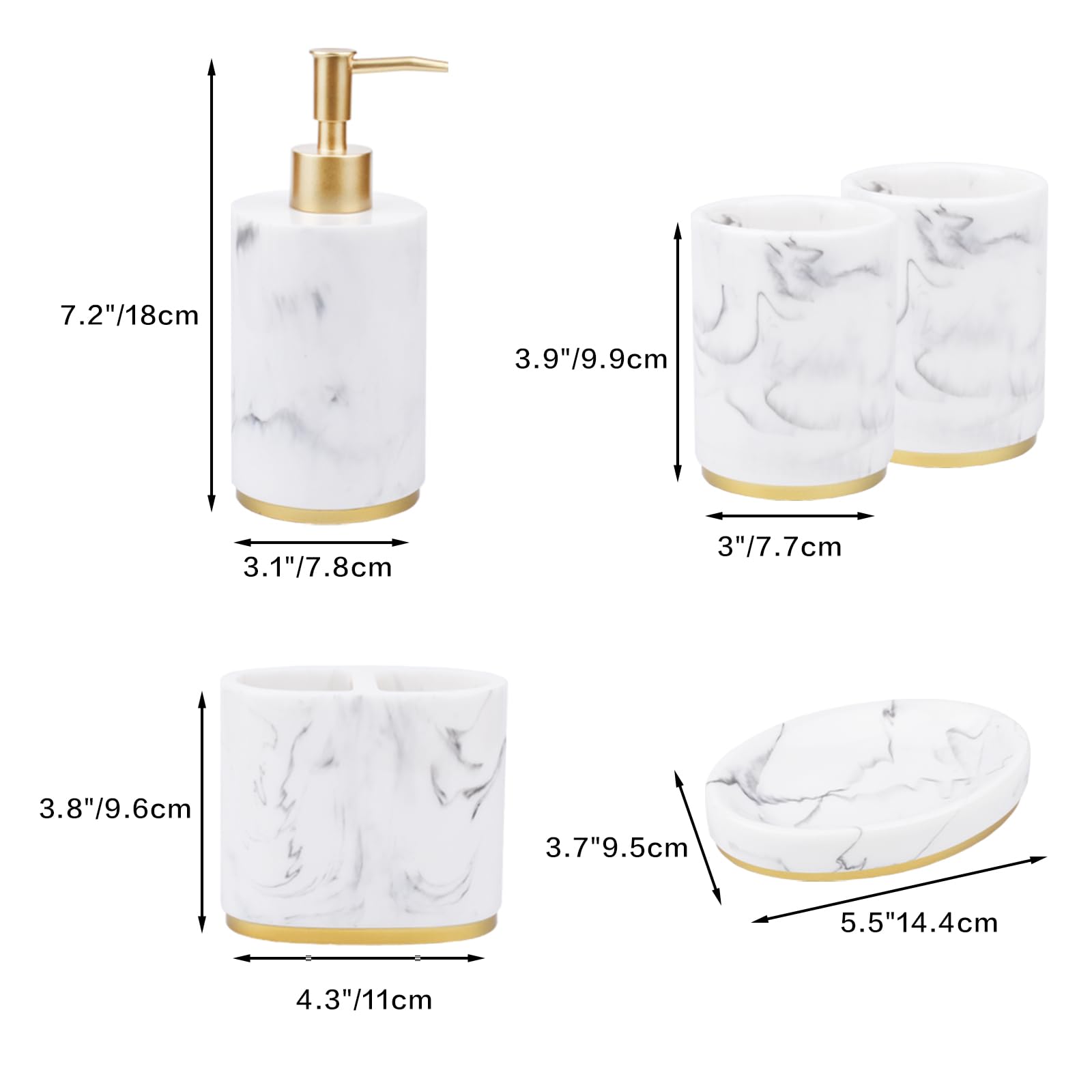 Juego de accesorios para encimera de baño de 5 piezas, dispensador para jabón líquido o loción, jabonera, 2 vasos y soporte para cepillos de dientes, resina con patrón de mármol (blanco) 7