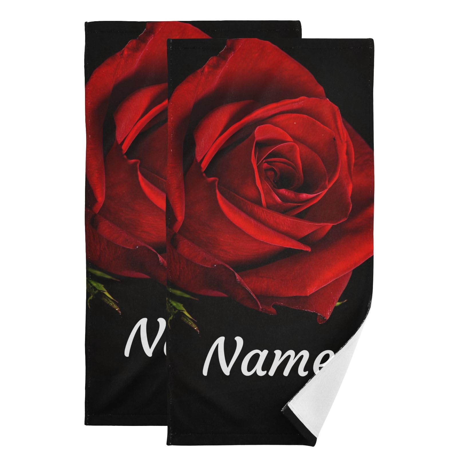 SUABO Red Rose Flower Close Up Custom Towels Set of 2 Hand Towel Personalized Name Face Towel Soft Dish Towels for Gym Bath Kitchen Decor 28x14 Inches
