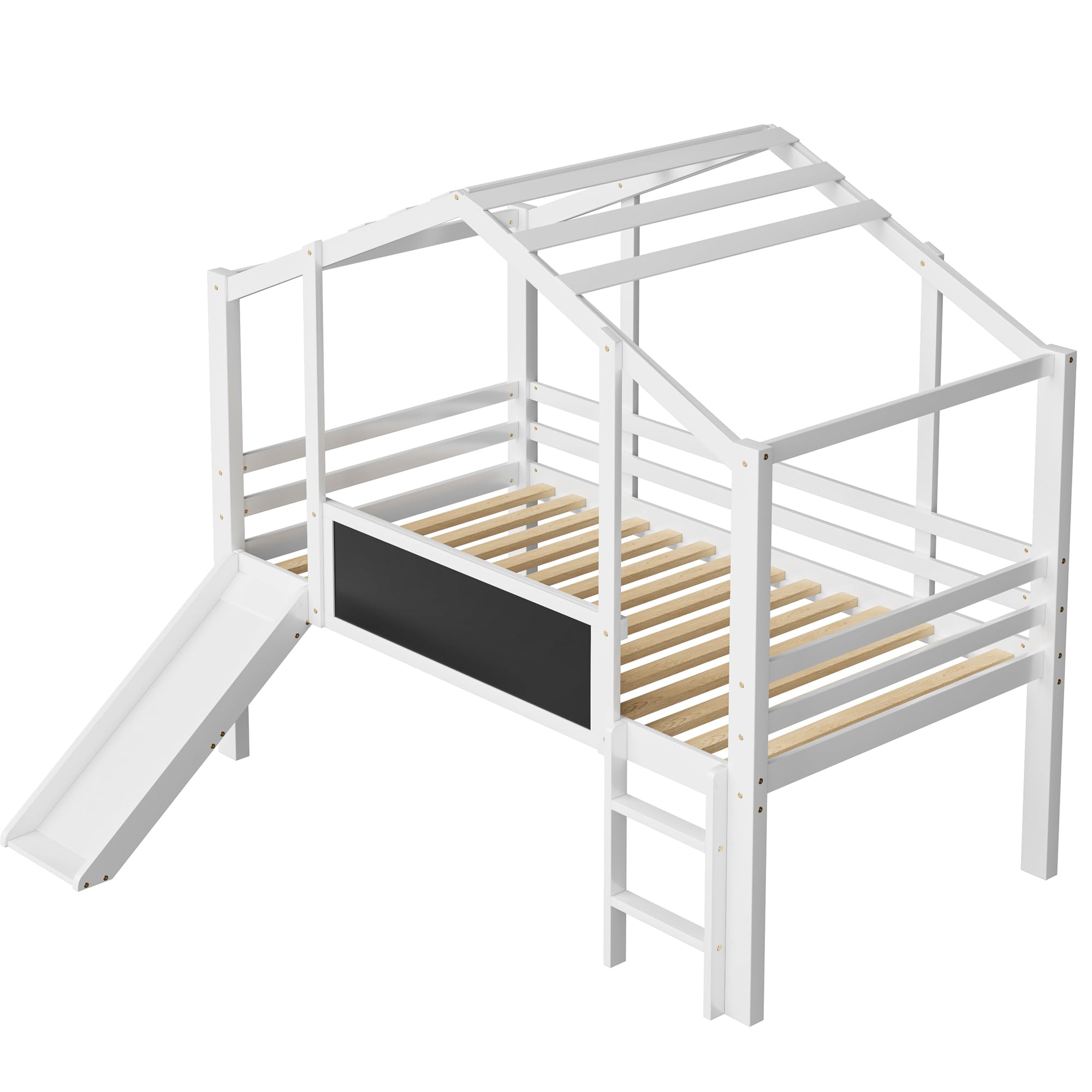 Merax Kinderbett 90×200 cm, Hochbett aus Massivholz, im Haus-Design mit Rutsche, Graffiti-Tafel, Multifunktionsbett, Einzelbett, platzsparendes Spielbett für Kinderzimmer, Weiß (ohne Matratze)