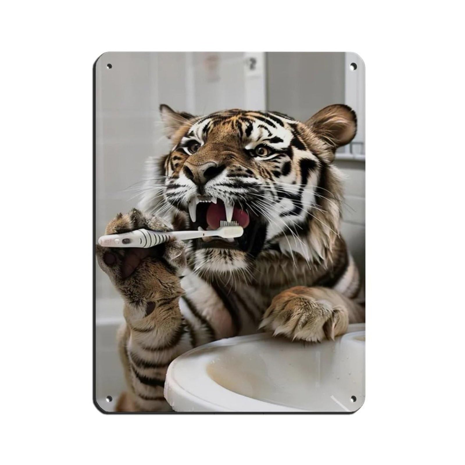 Tiger Brushing Teeth, Hilarious Bathroom Art Tin Sign Vintage Metal Pub Club Cafe Bar Home Wall Art Decoration Poster Retro 12x16inch(30x40cm)