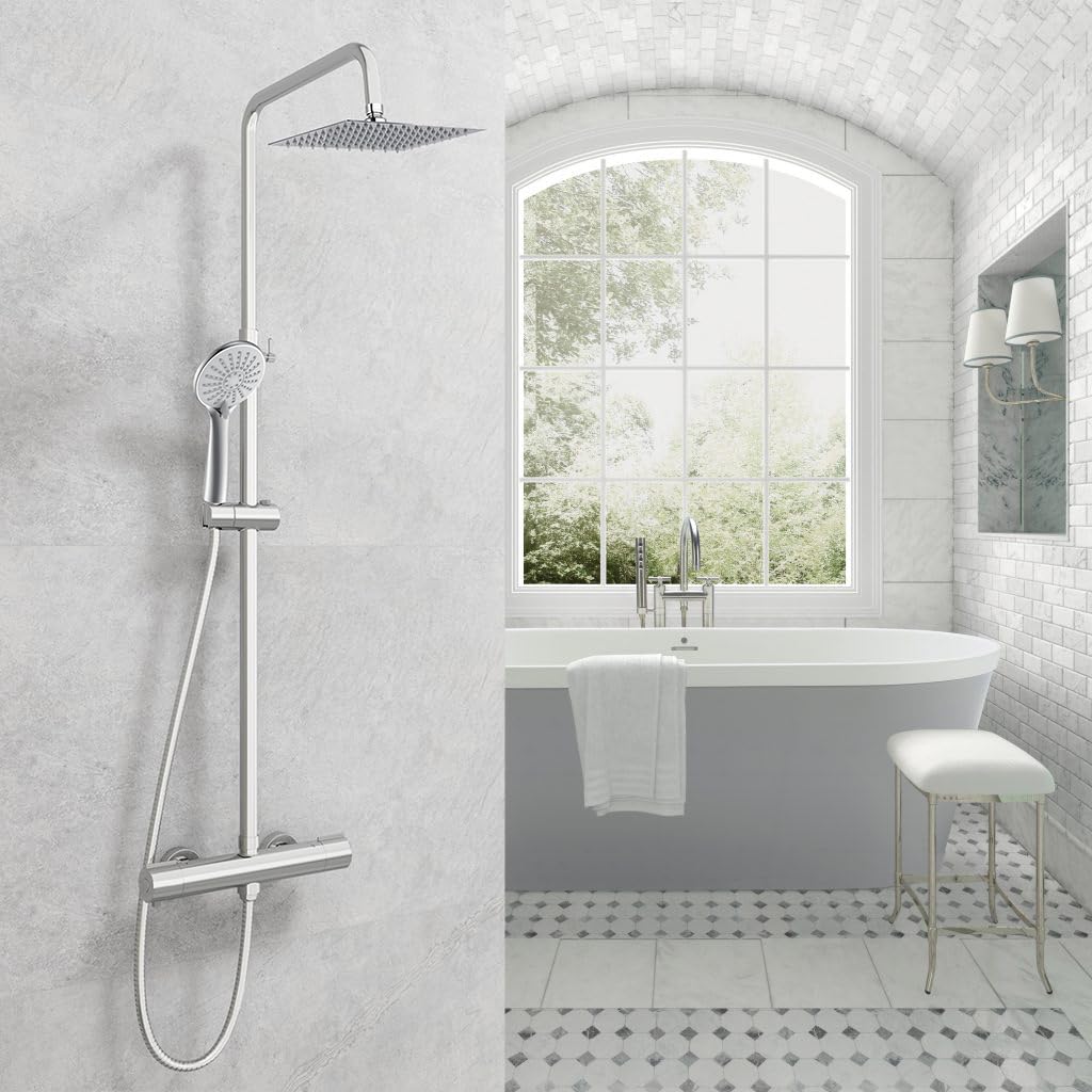 Colonna Doccia, OCEAN ITALY, Doccia Rubinetteria con Miscelatore Termostatico, Asta Regolabile74-117cm, Soffione Doccia Quadrato20x20cm Acciaio inox con Doccetta 3 Getti Rubinetto 40mm per Box Doccia