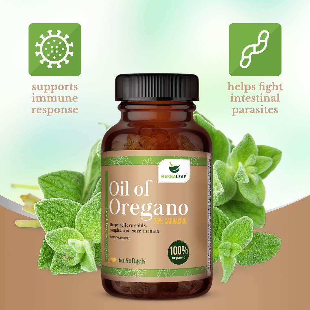 HERBALEAF Oil of Oregano 3X Potency Softgels Immune Defense, Helps Relieve Colds, Coughs, Sore Throats- Gut Support. (60 Count) : Health & Household