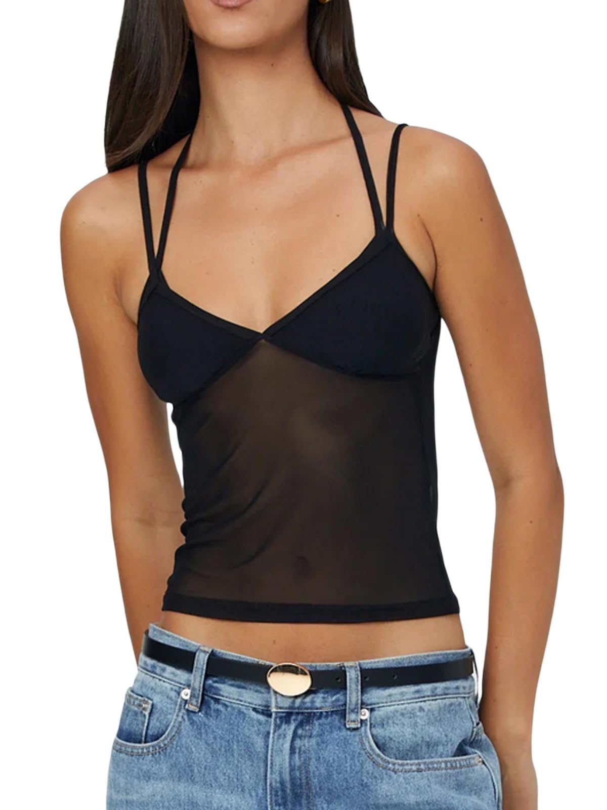 Y2k Sheer Mesh Cami Top for Women Slim Fitted Camisole Top Spaghetti Strap Shirt Going Out Clubwear