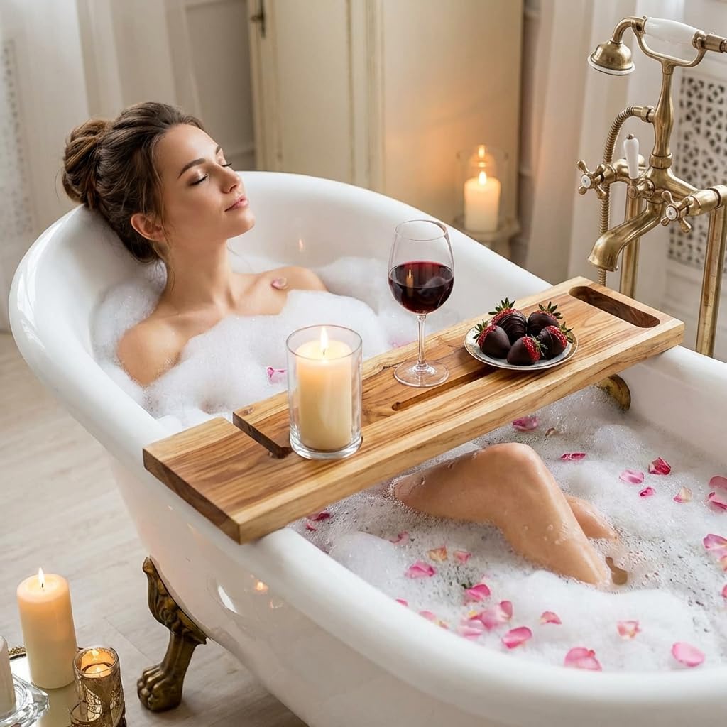 EcoDecors Eleganto 42" Live Edge Solid Teak Bath Caddy Tray with Handle, Book & Tablet Holder, Wine Glass Holders, Luxury Bathtub Tray