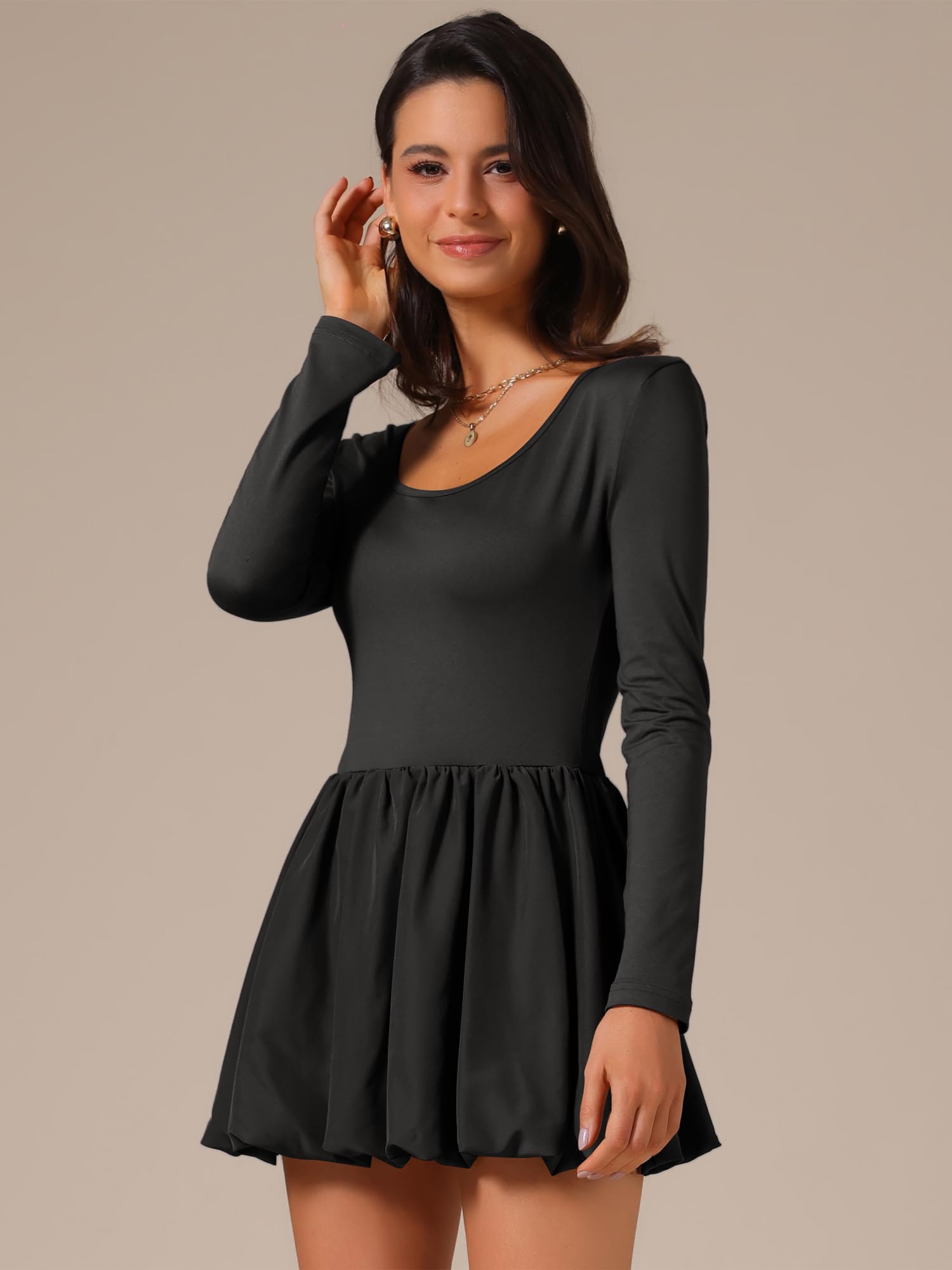 Allegra K Vestido corto de cóctel para mujer, cuello redondo, manga larga, para fiesta, club, corte entallado, con falda burbuja