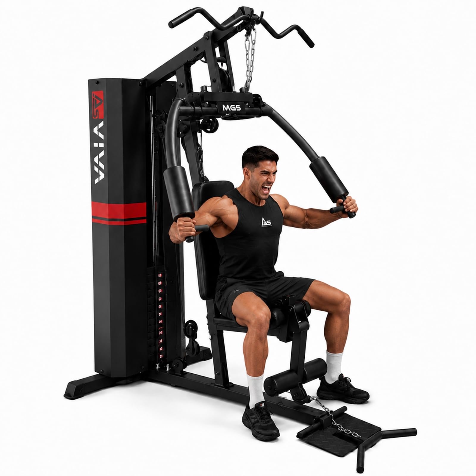 AsVIVA MG5 Pro Kraftstation – Home Gym Multigym mit 73 kg Gewichtsblock, Kabelzugstation, Latzugstation, Butterfly, Beintraining, Ganzkörpertrainer bis 130 kg