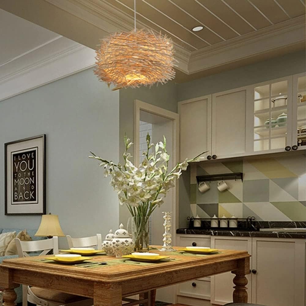 Lampada a Sospensione a Forma di Nido d'uccello, Paralume in Vimini, Stile Boho, lampadario in Vimini Beige, lampadario a Gabbia in Rattan Intrecciato a Mano, lampade da