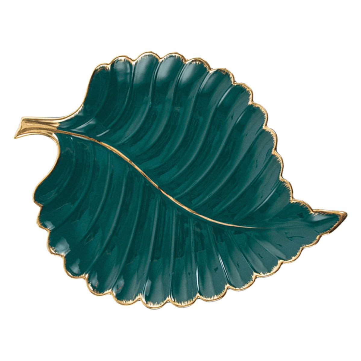 Operitacx Bandeja Decorativa Multifuncional de Cerámica Verde Borde Dorado en Forma de Hoja para Joyas y Postres, Adecuado para Escritorio o Recibidor