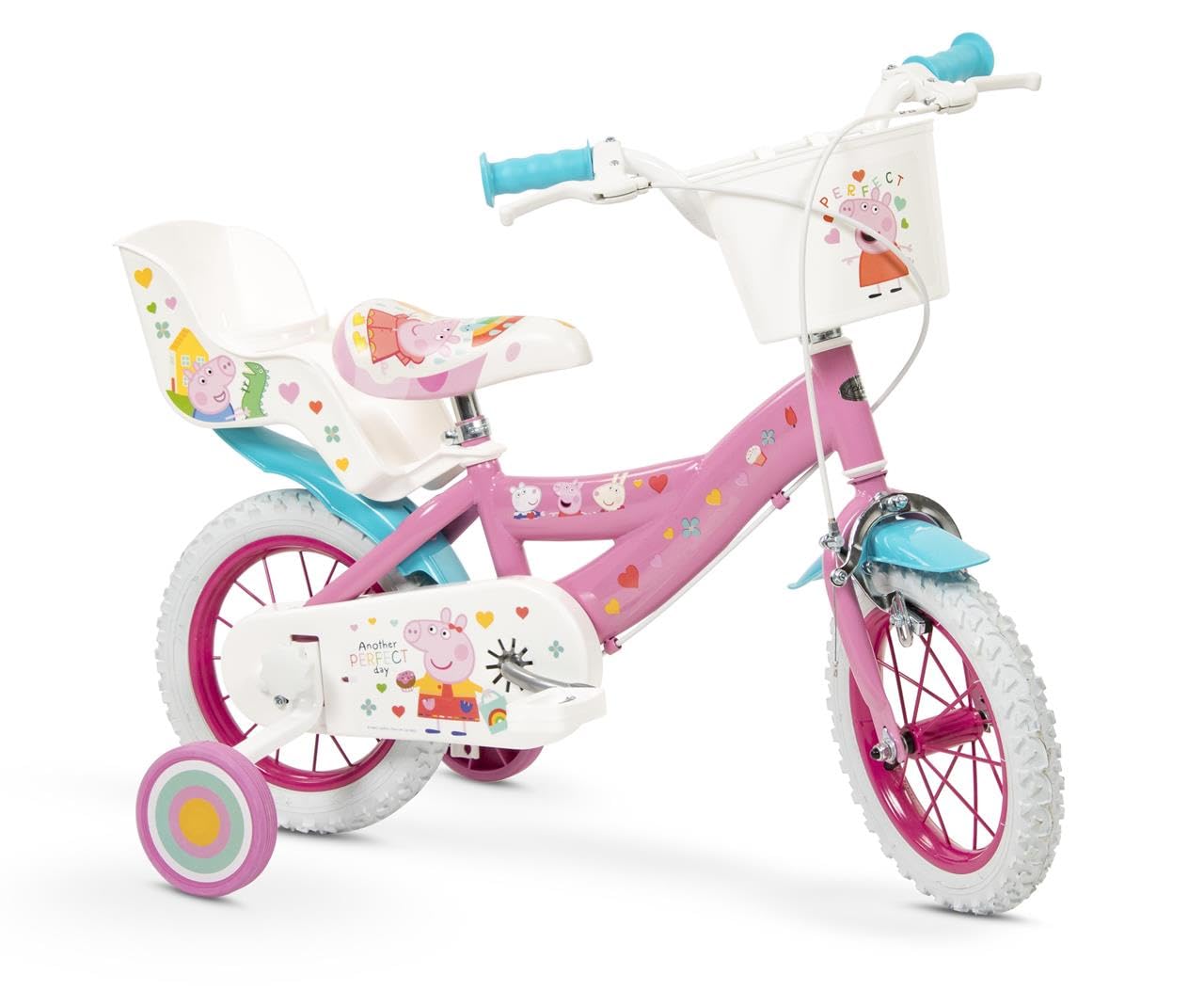 Kinderfahrrad Peppa Pig 12 Zoll mit Stützrädern Korb Puppensitz 3-5 Jahre