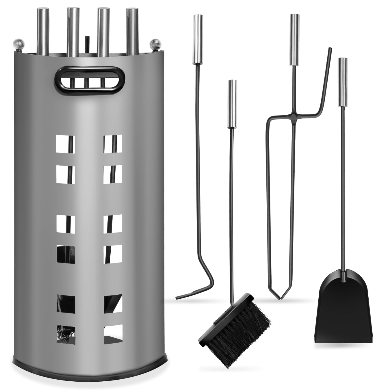 tectake® 5-Piece Fireside Companion Set, Incl. Fire Poker, Tongs, Brush, Ash Shovel & Holder in Durable Steel, Fireplace Tools with Heat-Resistant Handles, Compact Log Burner Accessories for Fireplace