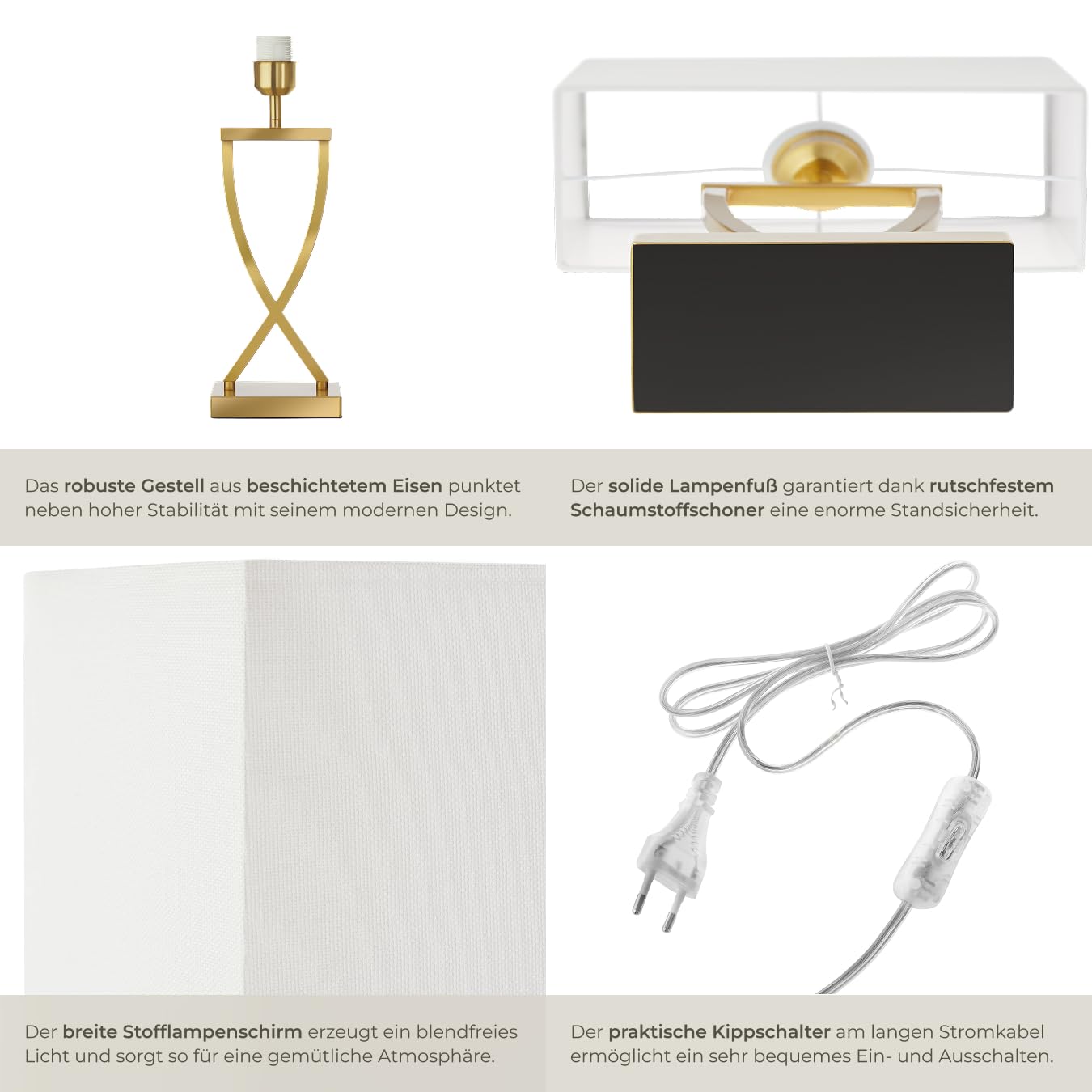 tectake® Nachttischlampe mit Stoffschirm, Schreibtischlampe, E27 Fassung, Deko Tischlampe mit Kippschalter und Kabel, Nachtlicht Lampe, für Schlafzimmer Wohnzimmer, 27 x 12 x 51,5 cm - messingfarben