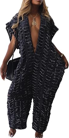 Women Deep V Neck Ripped Jean Jumpsuit Wide Leg Sleeveless High Waist Sexy Denim Romper
