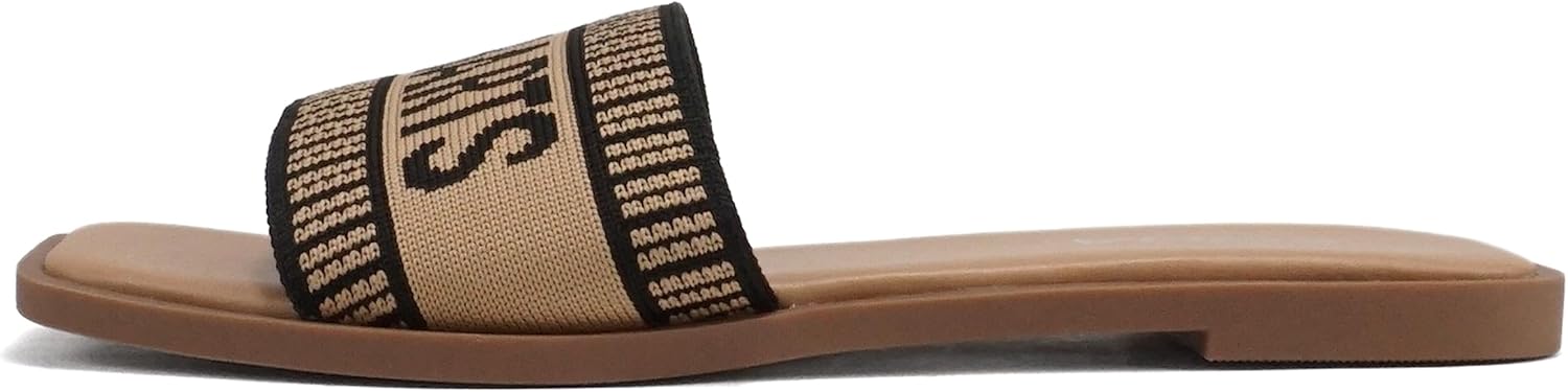 Soda “FLAIR” ~ Women Square Open Toe Single Embroider Band Slip-On Flat Summer Resort Sandal (Black/Natural, 8, us_footwear_size_system, adult, women, numeric, medium, numeric_8)