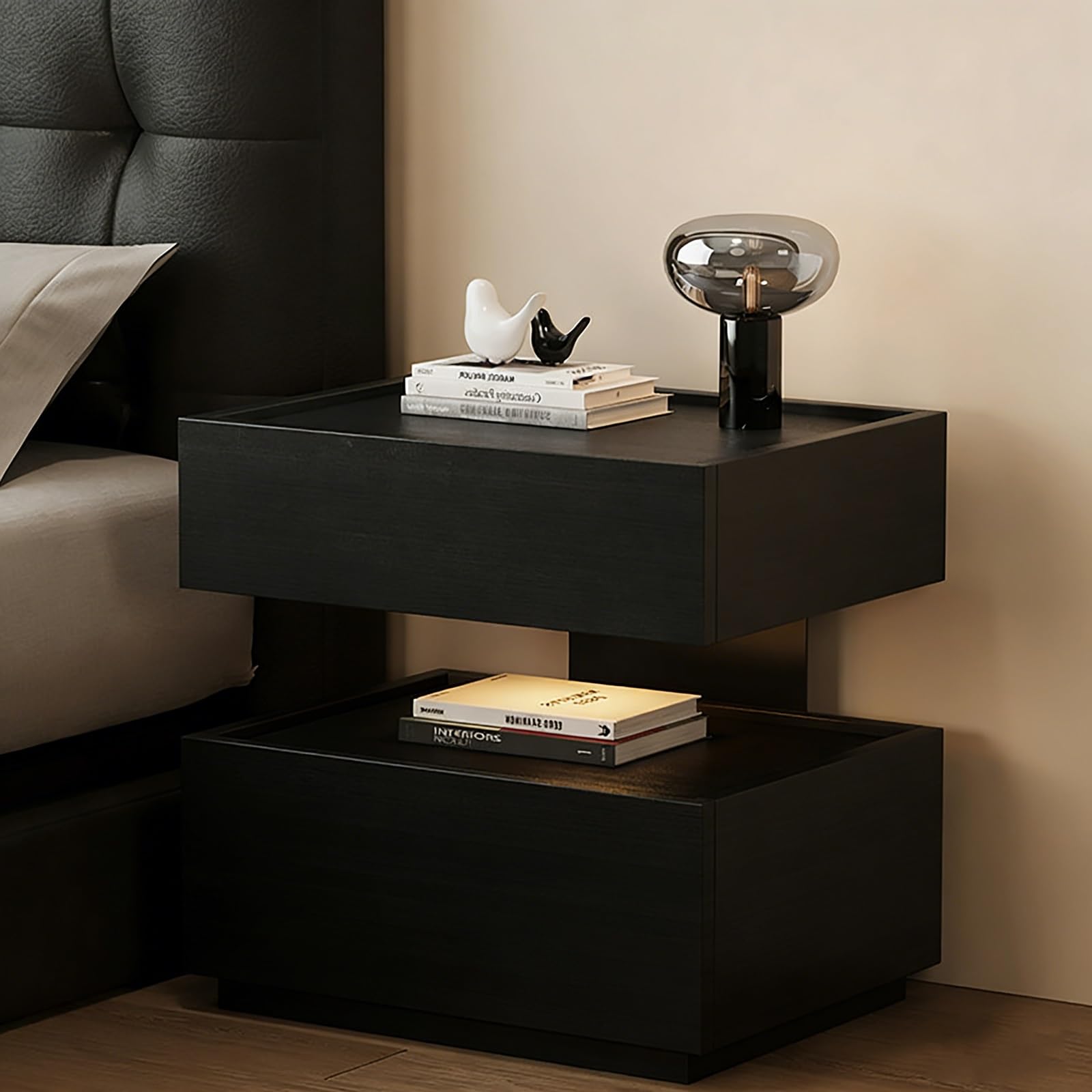 SXZenSpace Small Nightstand with Drawer Modern Bedside Table Open Shelf Wooden Night Stand for Bedroom Living Room Closet(Black,30x38x50cm)