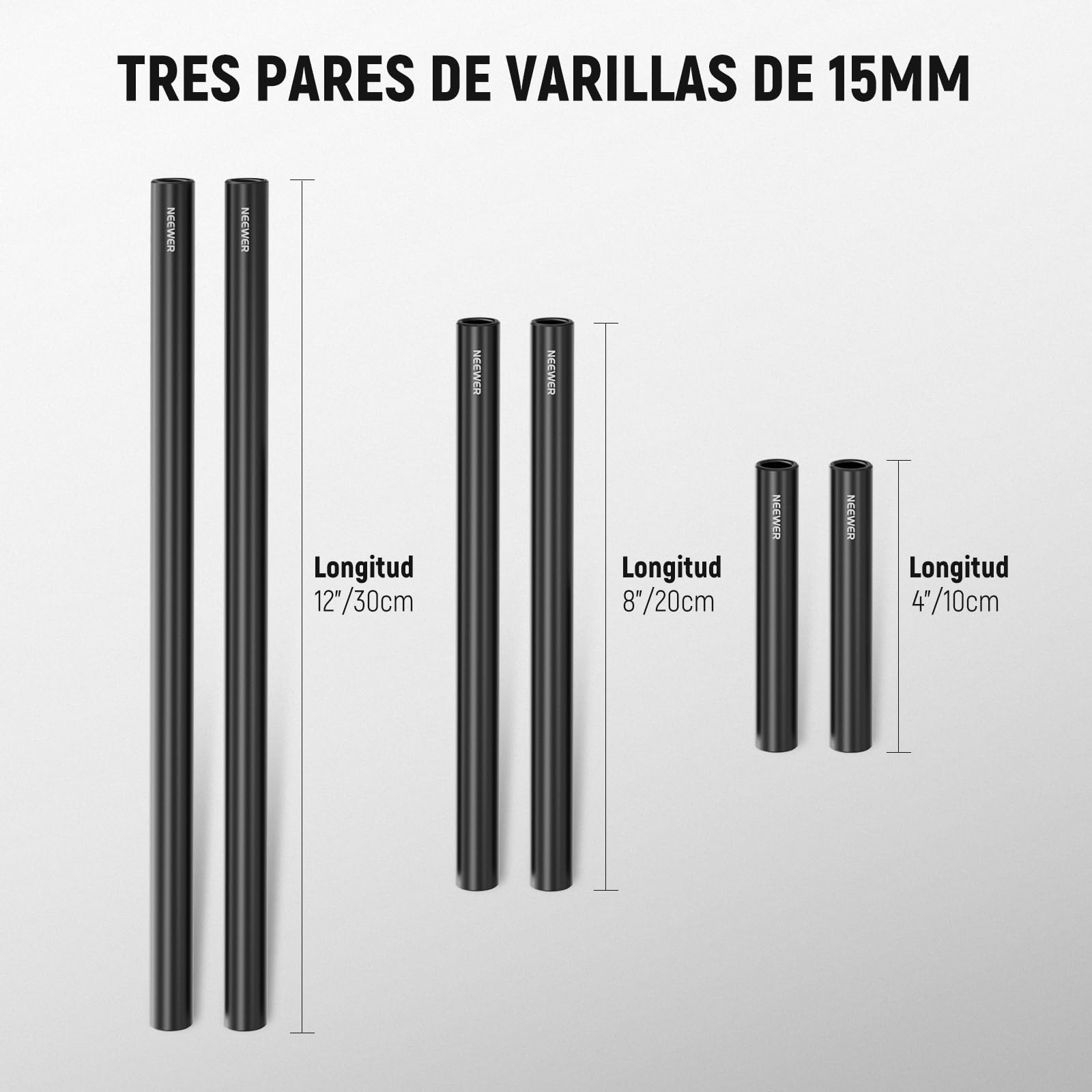 NEEWER 15mm Rods LWS Sistema, 3 Pares de 15mm Varillas de Extensión(4"/10cm, 8"/20cm, 12"/30cm) Combinación para Rig LWS Rod de Hombro Sistema de Soporte Compatible con SmallRig Video Rig, SR009
