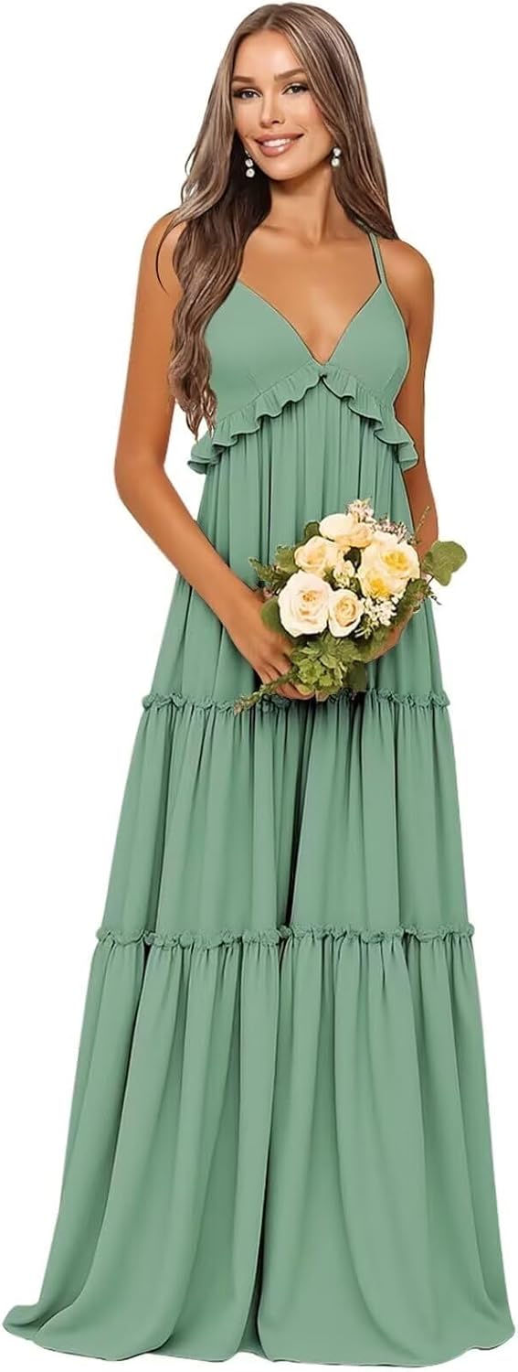 LTW Tiered Bridesmaid Dresses for Women Spaghetti Straps Chiffon Maxi Dress Wedding Guest Evening Gown