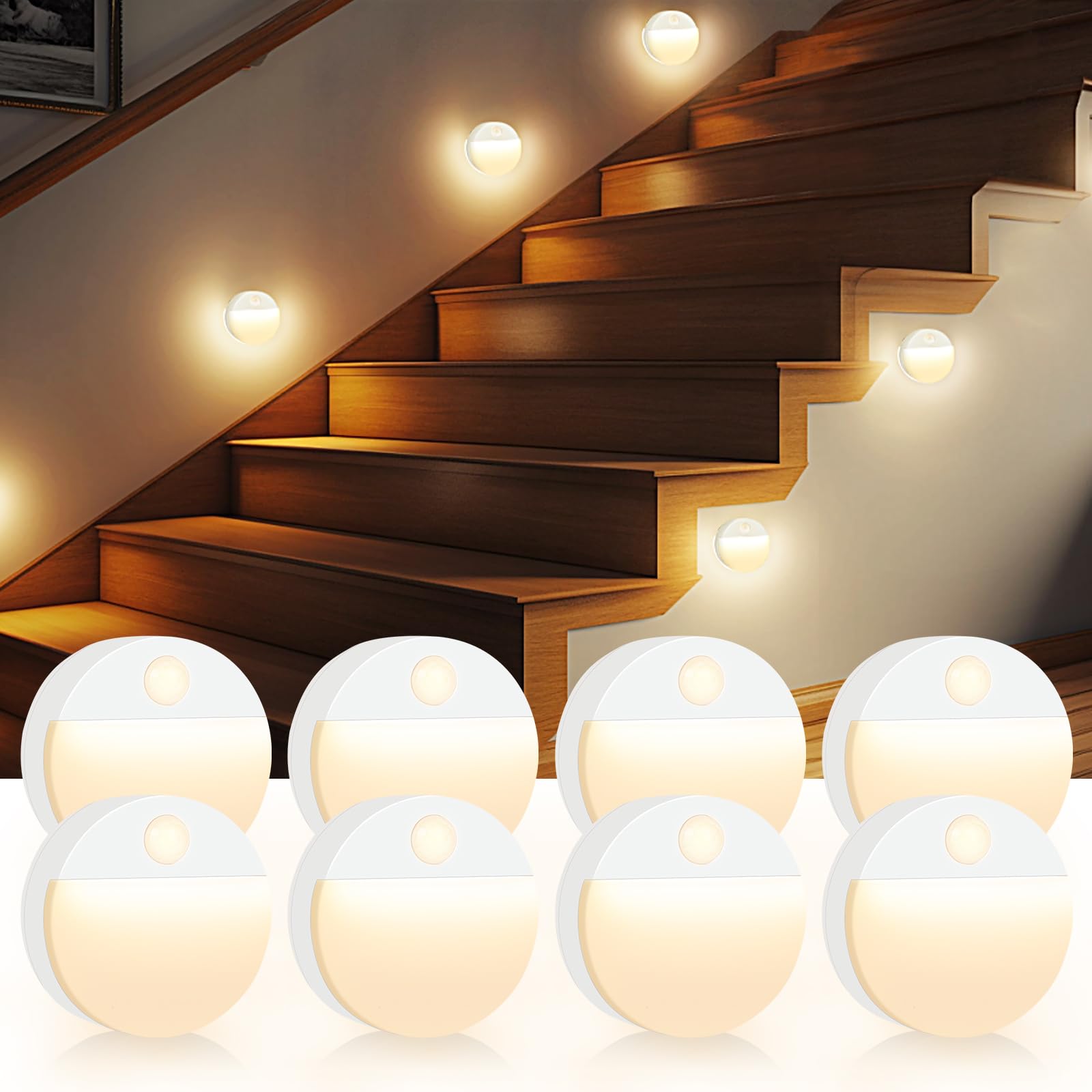 8PCS LED Treppenbeleuchtung mit Bewegungsmelder - Runden Innen Nachtlicht, Treppenlicht mit Motion Sensor Akku, Kleine Lampe Treppenstufenbeleuchtung mit Batterie, Night Light für Kinder, Trepp, Flur