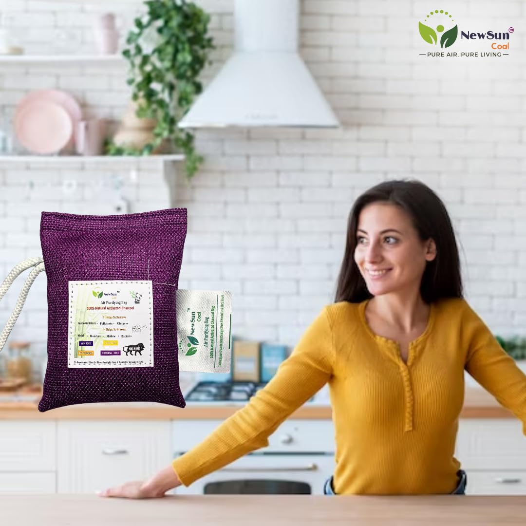 NewSun Activated Bamboo Charcoal Air Purifying Bag Natural Deodorizer And Dehumidifier Unscented, Chunks For Car; Rooms; Pets; Shoes; Purple. Pack Of 1-100Gram 1