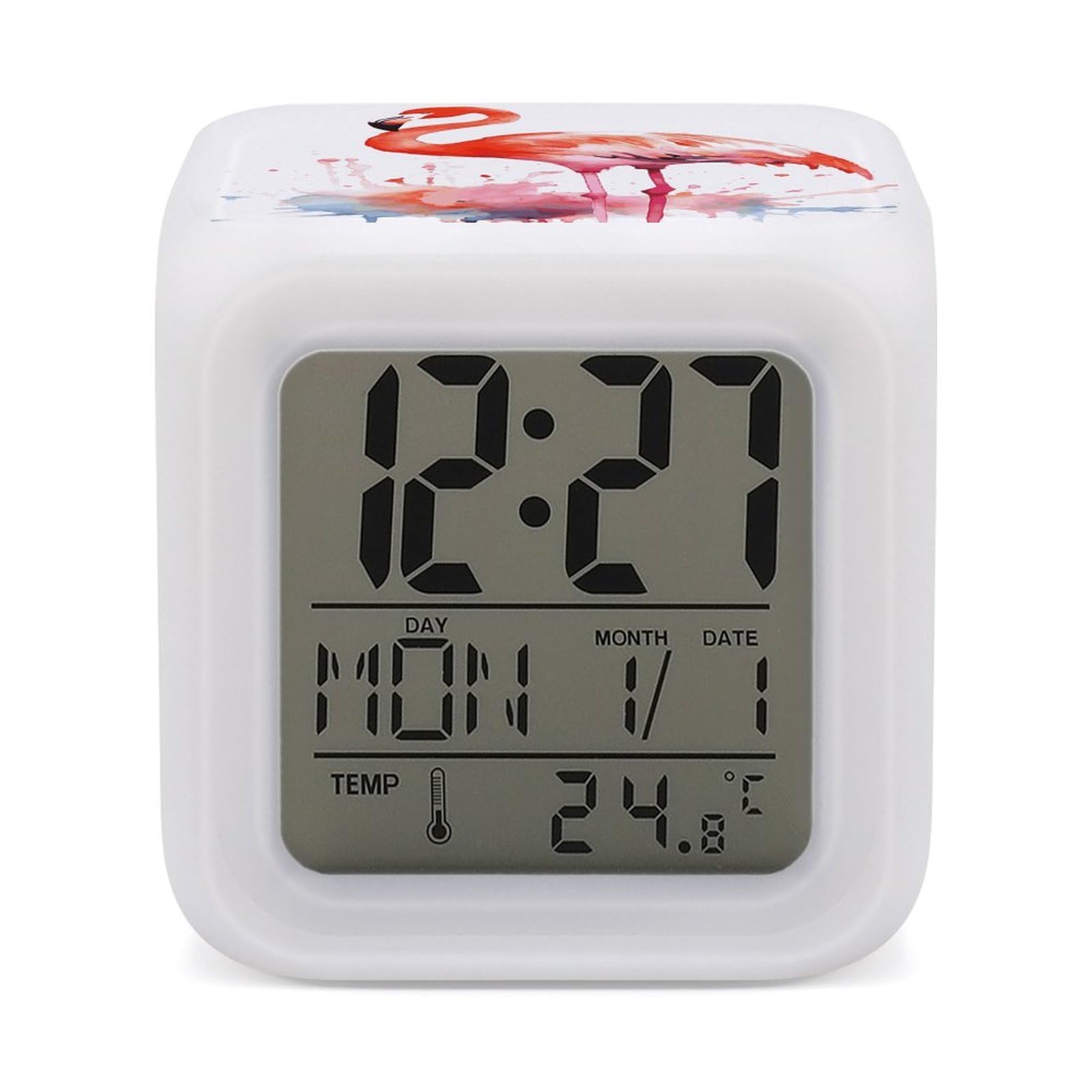 VstaDank Watercolor Flamingos Alarm Clock with 7 Color Changing Night Light Date Temp Display Wake Clocks LED Display Digital Clock Electric Desk Clocks for Living Office Bedroom Decor