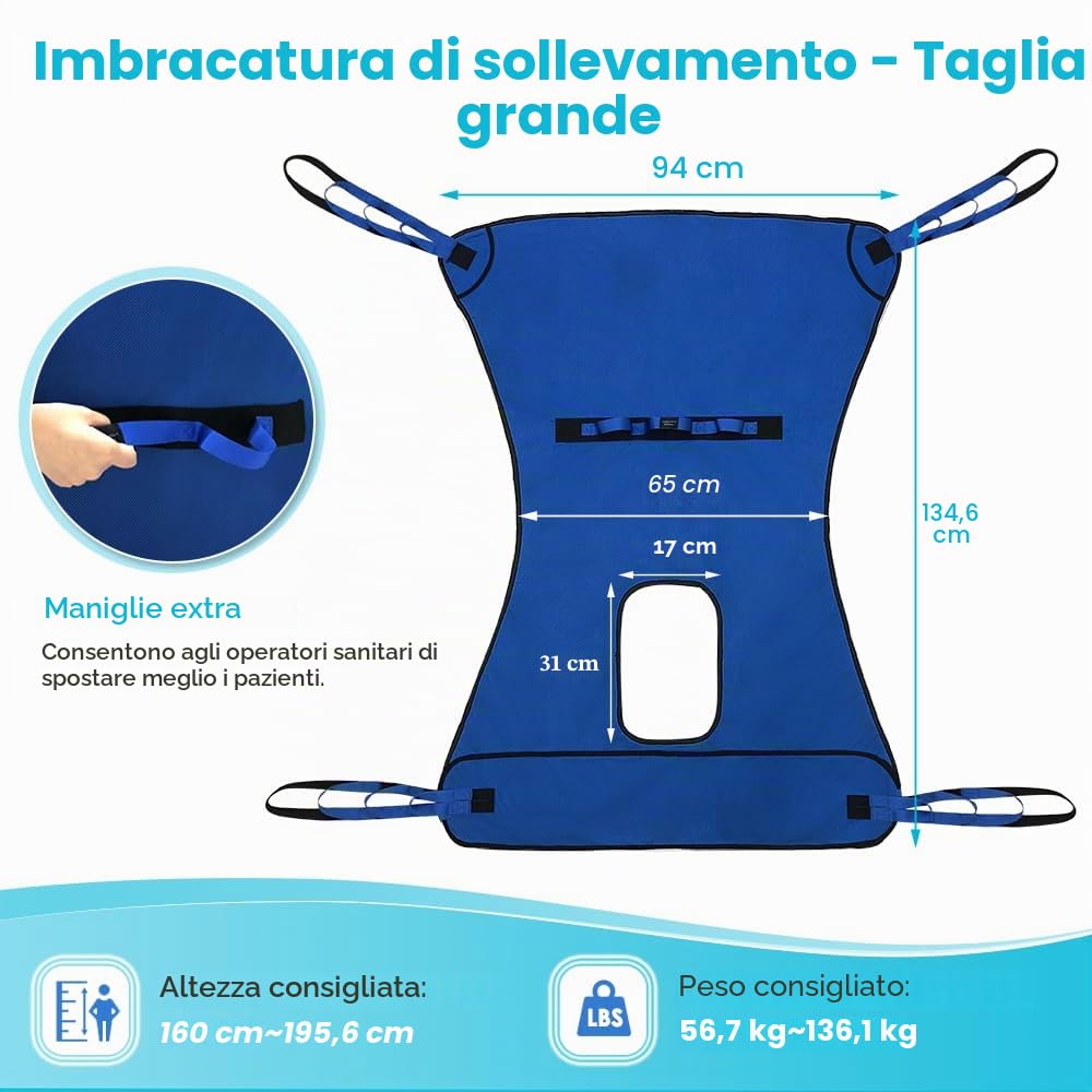Cintura di trasferimento elettrica per sollevamento paziente, grande, in rete, per doccia, uso domestico, con supporto per la testa, per disabili medici, toilette e toilette completa, colore blu