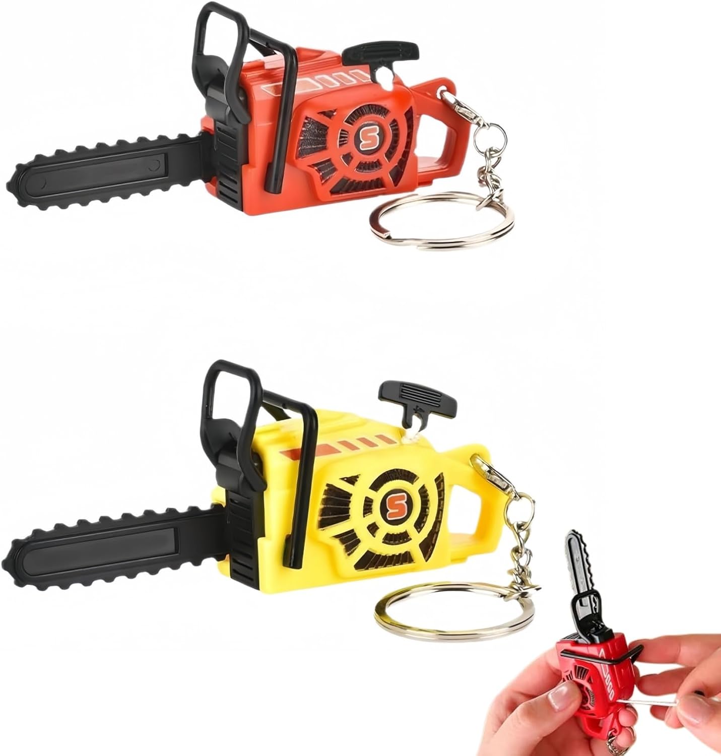 2-Pack Mini Chainsaw Keychain with Pullable Rope, Miniature Pull-Start Chainsaw Keychain image 2