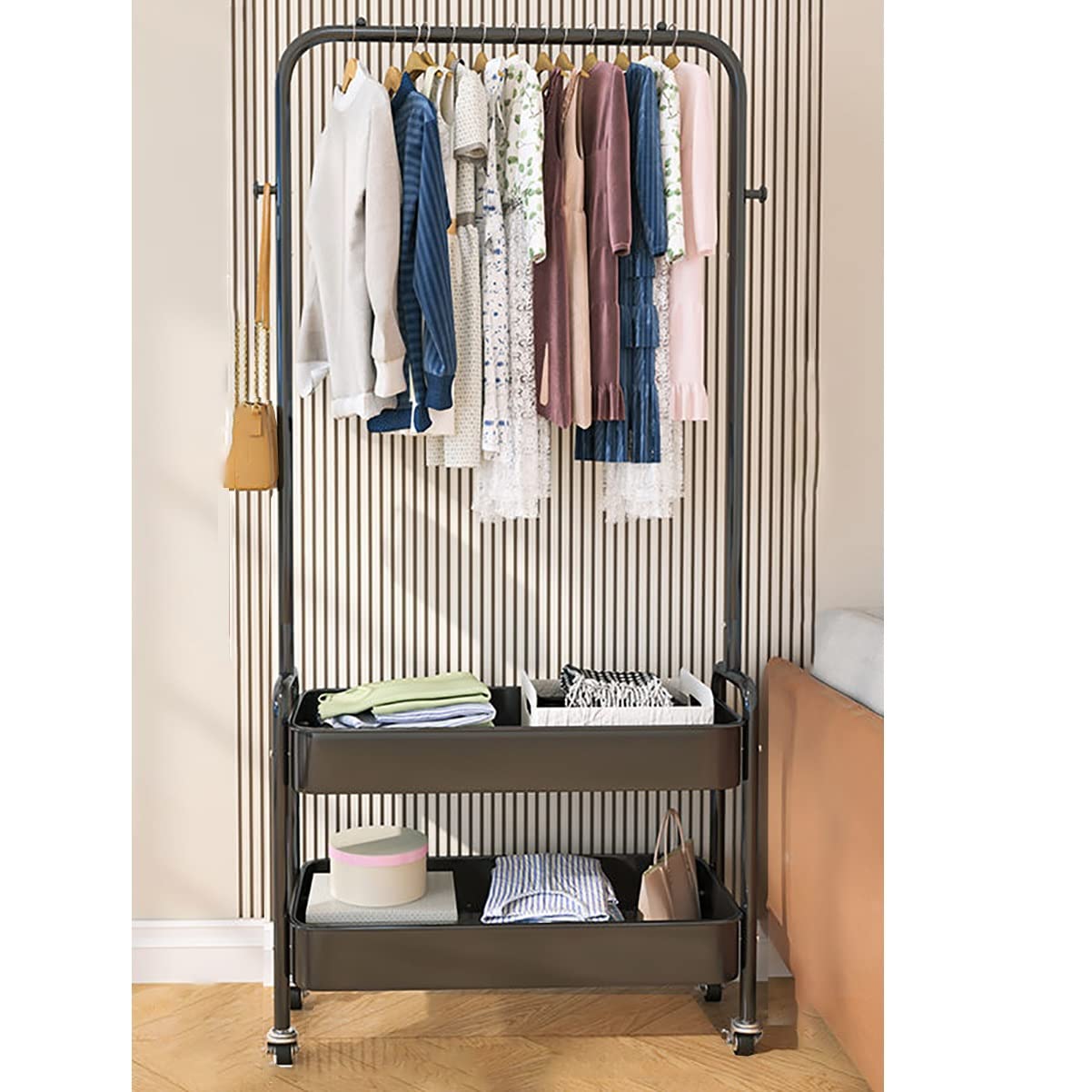 XDLEDMKIZ Stylish 360° Rolling Metal Coat Rack with Basket - Freestanding Clothes Stand for Coats, Shirts, and Skirts - Beige with Shelf for Entryway nization