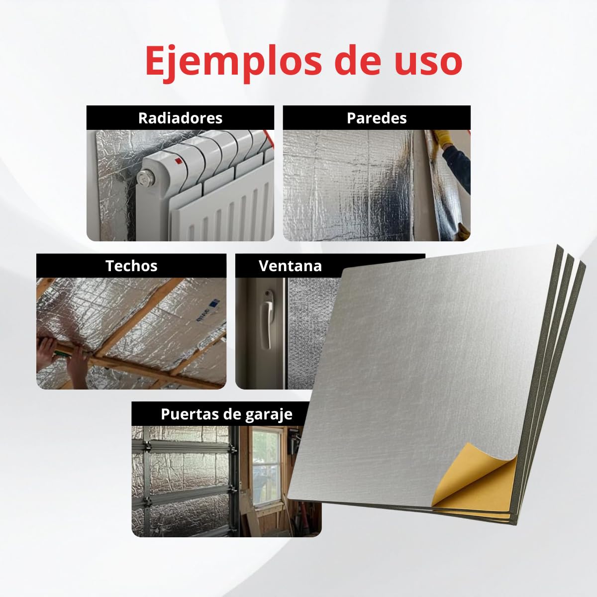 Aislante térmico y acústico autoadhesivo para el hogar | Ideal para ventanas, paredes, techos y radiadores | Reduce ruido, vibraciones, frío y calor | Aluminio resistente de 10 mm | 100×50 cm | (1)