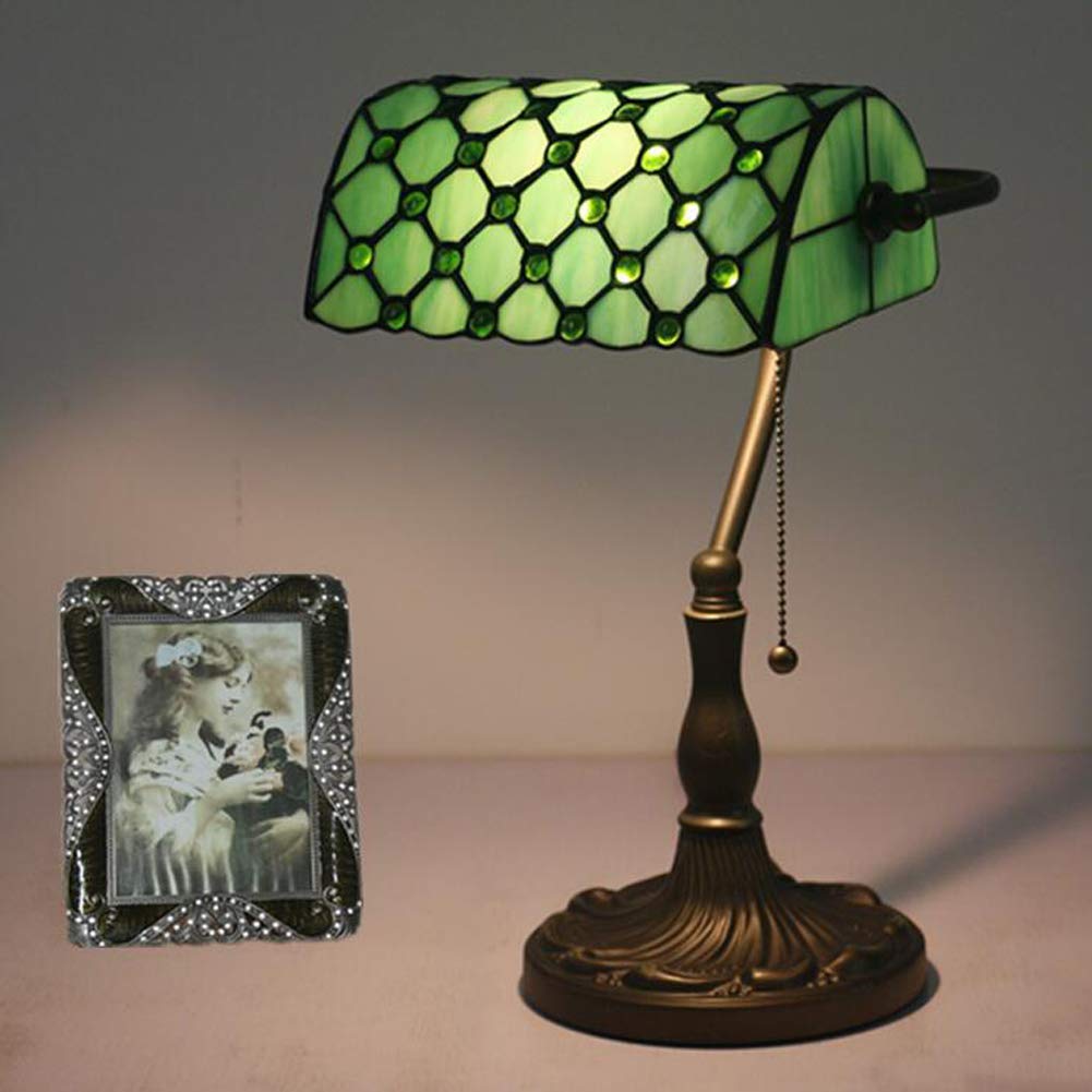 Siunwdiy Banker'S Desk Lamp Tiffany Table Lamp E27 Vintage Stained Glass Table Lamp With Glass Shade And Zinc Alloy Base For For Office Or Home,Green