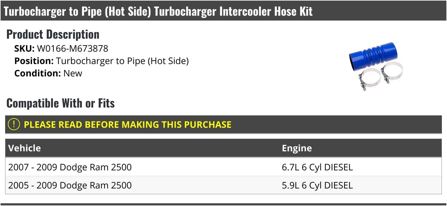 Marketplace Auto Parts Turbo to Pipe Hot Side Turbocharger Intercooler Hose Kit - Compatible with 2005-2009 Dodge Ram 2500 5.9L 6.7L Turbo Diesel