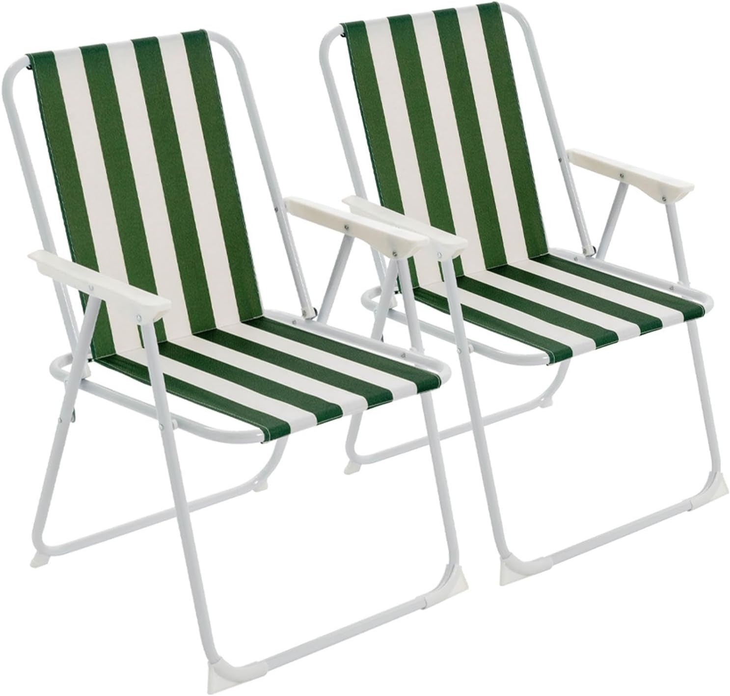 Harbour Housewares Folding Beach Deck Chairs - Green Stripe - Pack of 2 - Metal Outdoor Patio Seat Lightweight Portable Deck Chair for Picnic, Garden, Camping, Fishing