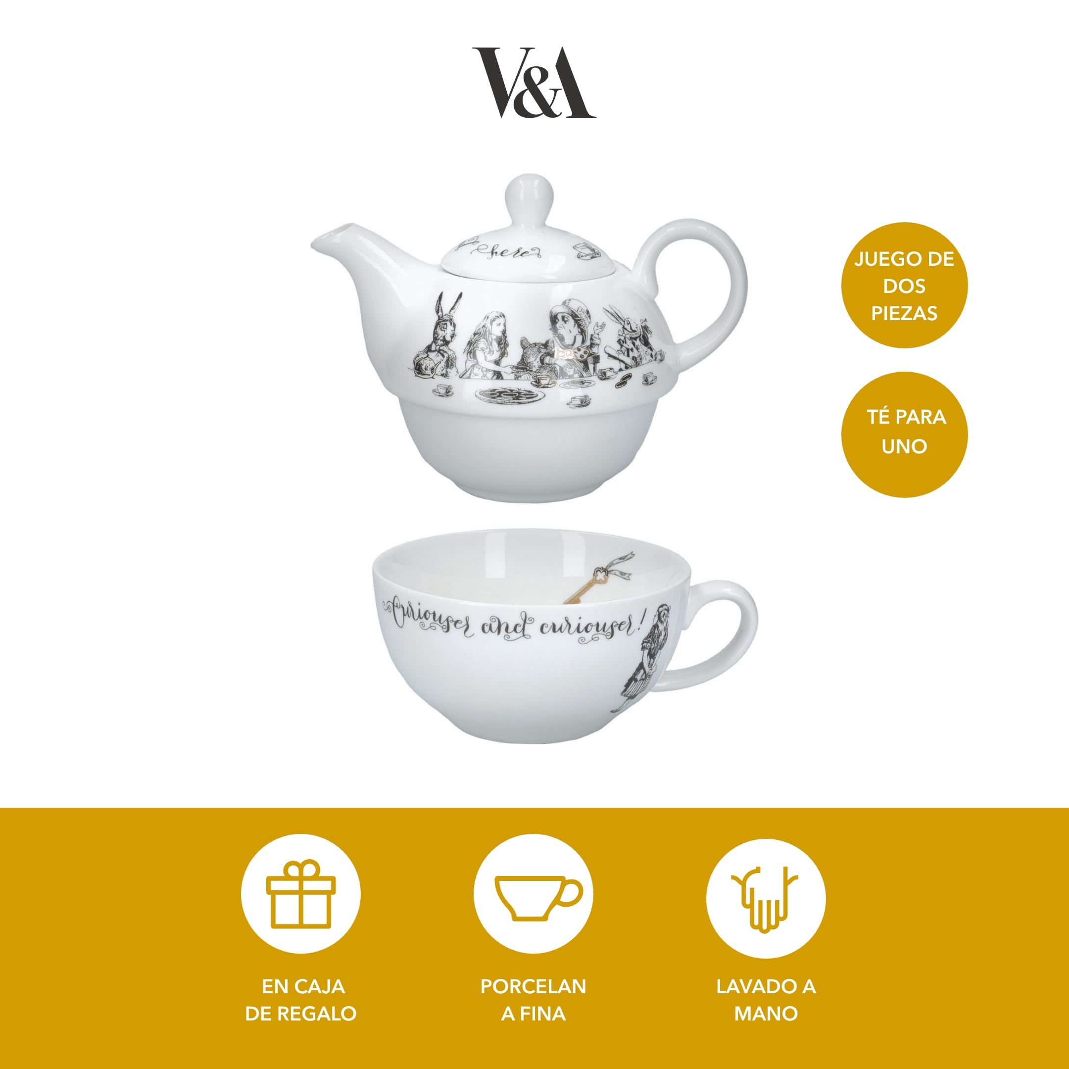 Victoria & Albert Juego de Tetera y Taza Alicia en el País de las Maravillas Para 1 en Caja de Regalo, Juego de Té de China Fina, Blanco, 250ml