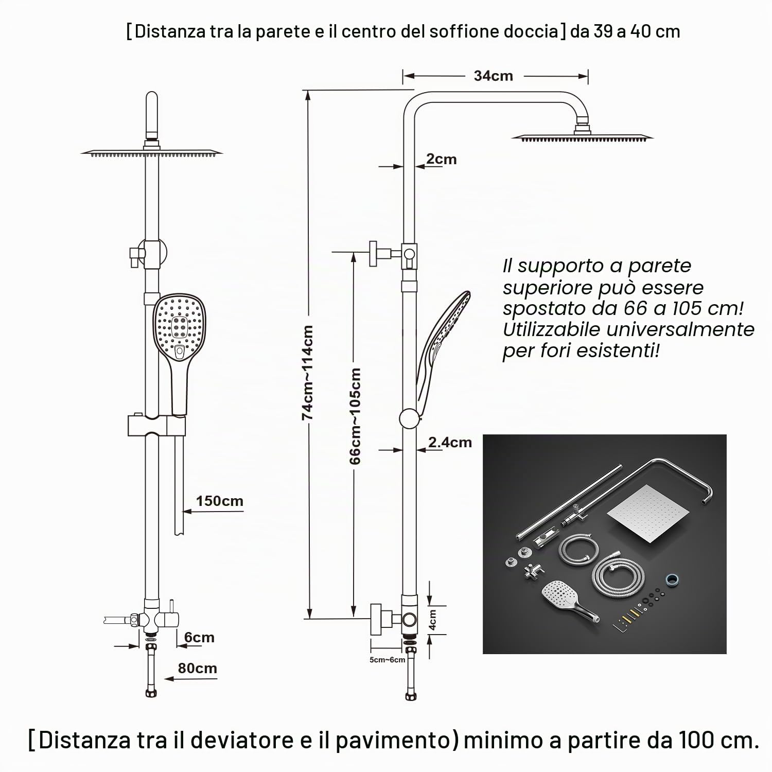 JOHO Colonna Doccia in Acciaio INOX Termostatica Set Soffione 20x20 cm Cromo