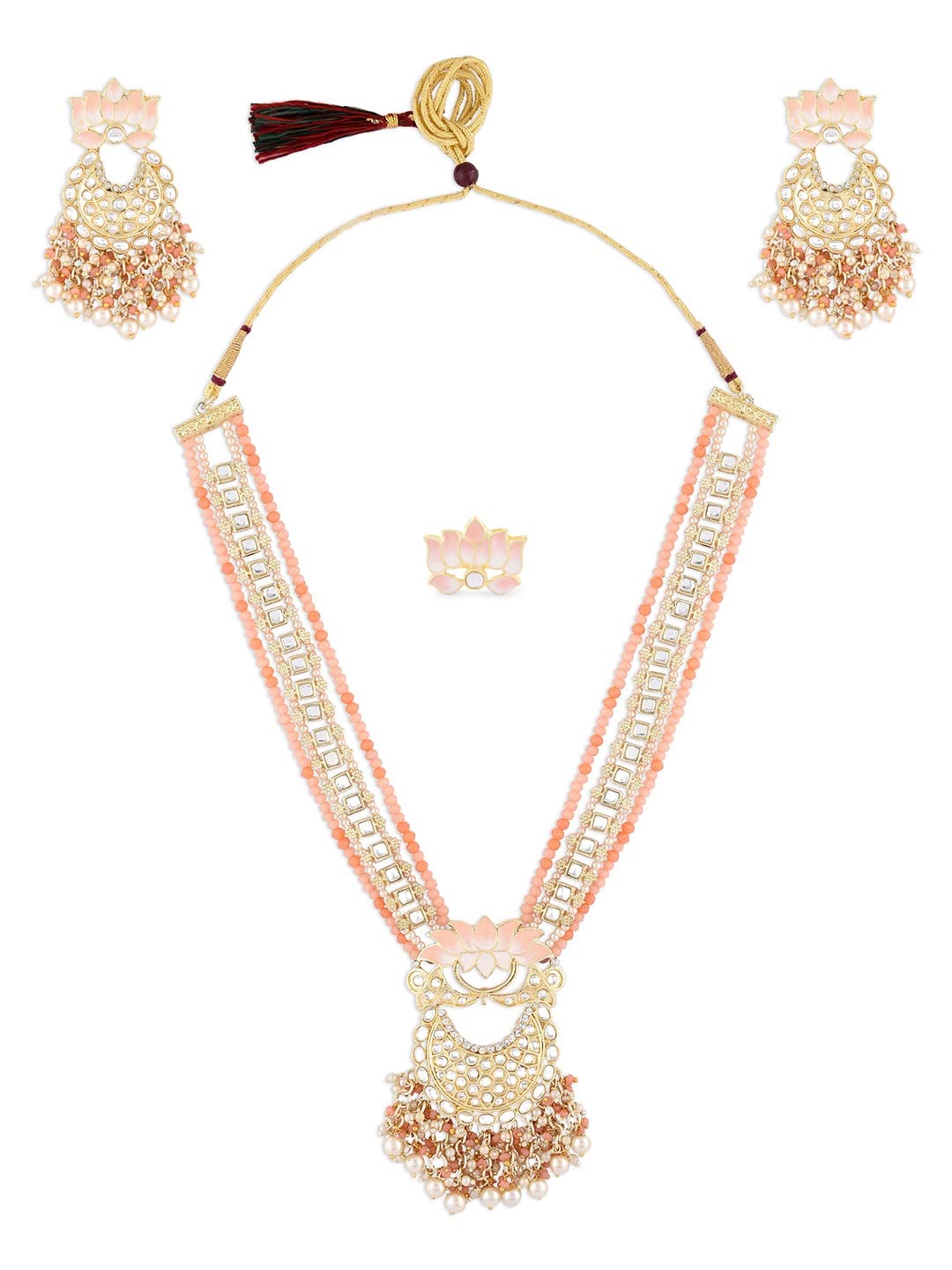 ZAVERI PEARLS Peach Meenakari Lotus Bridal Kundan Long Necklace Earring & Ring Set For Women-ZPFK14749 (B0BDG4JTYK) Amazon Price History, Amazon Price Tracker