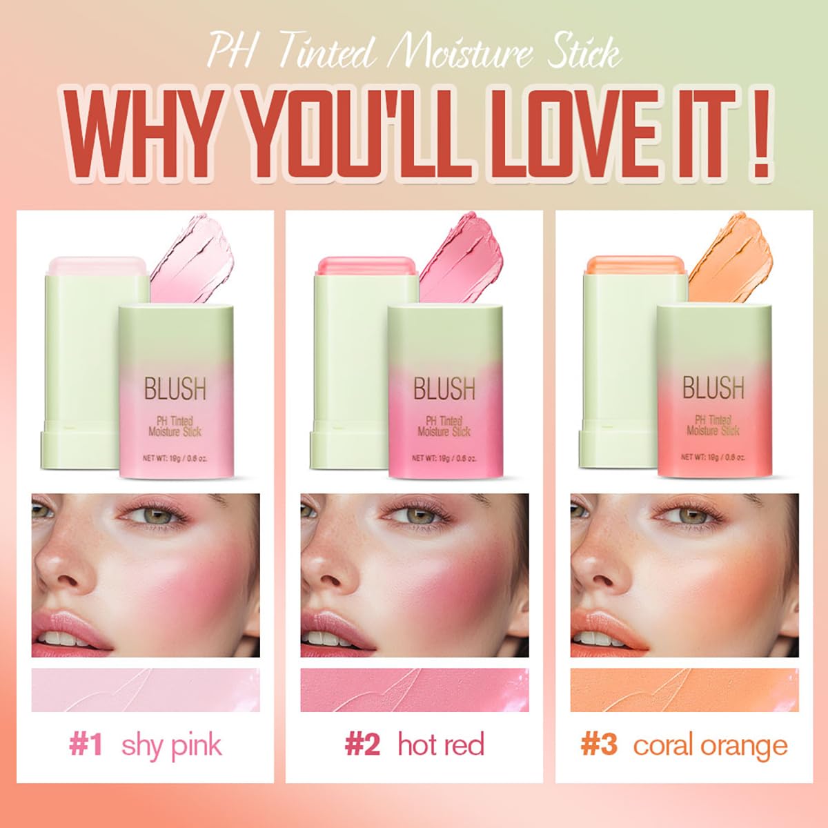 PH Tinted Moisture Stick，Multi-Use Cream Color Changing Blush, 3-in-1 Blush Stick for Cheek/Eyes/Lips, Waterproof Hydrating Tinted Solid Makeup Products (1# Shy Pink): 2#hot red 0.6 Ounce (Pack of 1)