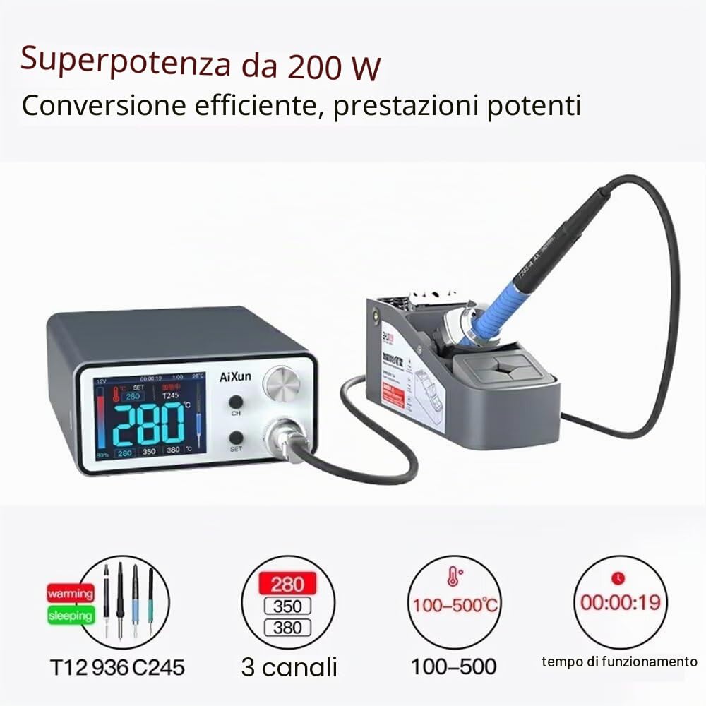 Stazione di saldatura a temperatura controllata AiXun T3A 200 W con impugnatura T245