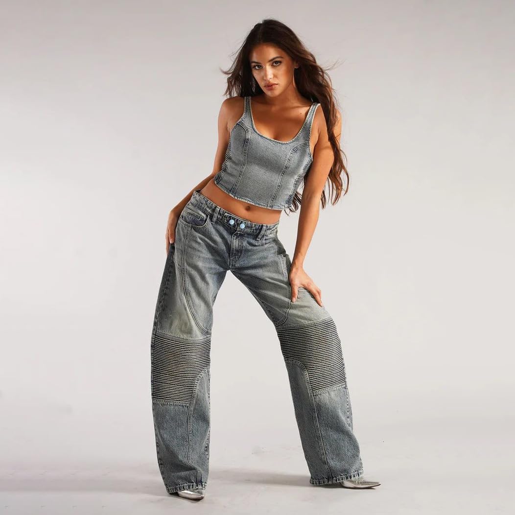 Mandonce Barrel Jeans for Women, Blue, Wide Leg, Mid Rise, Striped Patchwork, Cargo Style, Trendy Y2K Jeans