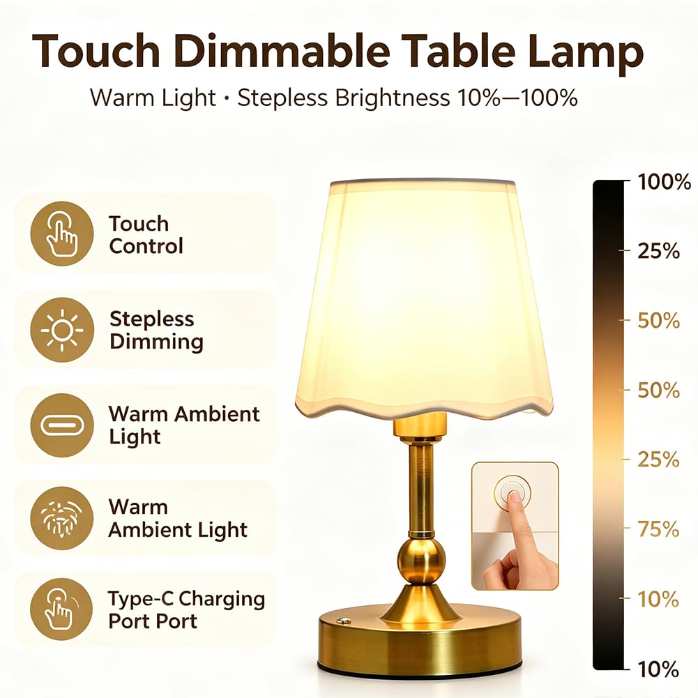 Lámpara de Mesa a Pilas Inalámbrica Táctil LED Recargable Lámpara de Mesita
