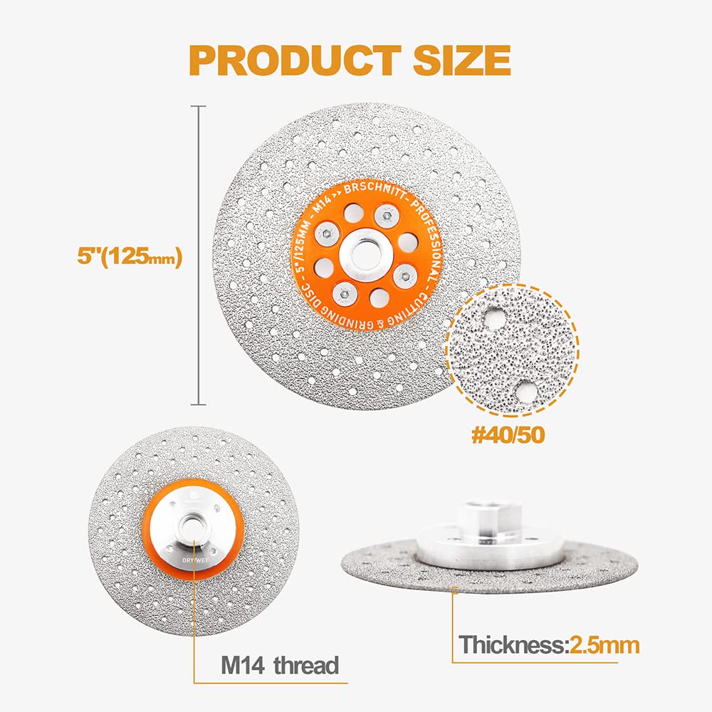 Disco diamantato per granito, BRSCHNITT Lama diamantata brasata sottovuoto da 2 pezzi 125 mm con flangia M14 per macinare granito, porcellana, piastrelle, pietra, marmo, quarzo