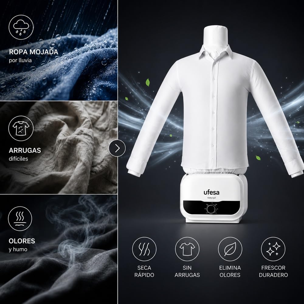 Ufesa Maniquí 2 en 1 SV1200, planchado y secado automáticos, 1200 W, elimina las arrugas, desodoriza y neutraliza los olores, temporizador de 3 horas, tallas S a XXL