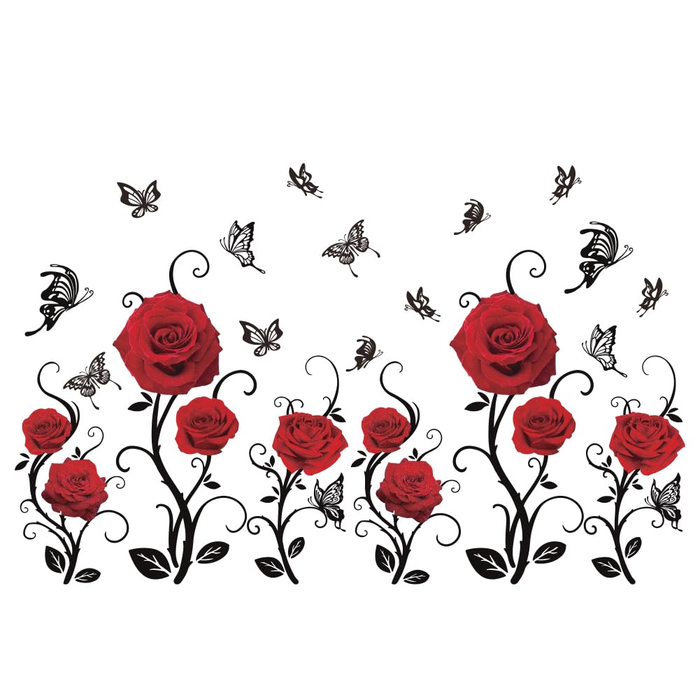 SUPERDANT 4 Sheets Red Roses Wall Stickers Valentine's Day Flowers Butterfly Wall Decals Peel and Stick Vinyl Art Murals for Home Bedroom Living Room Sofa Backdrop TV Background Decoration - Image 3