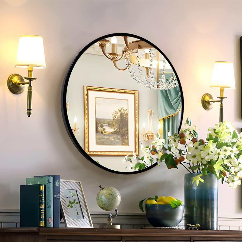 FLYOUNG Qiyang 34 inch Black Wall Mirror Large Circle Metal Mirror Frame Cover Design Decorative Mirror for Washing rooom, Hallyway, Living Room 34'' Diameter, Black