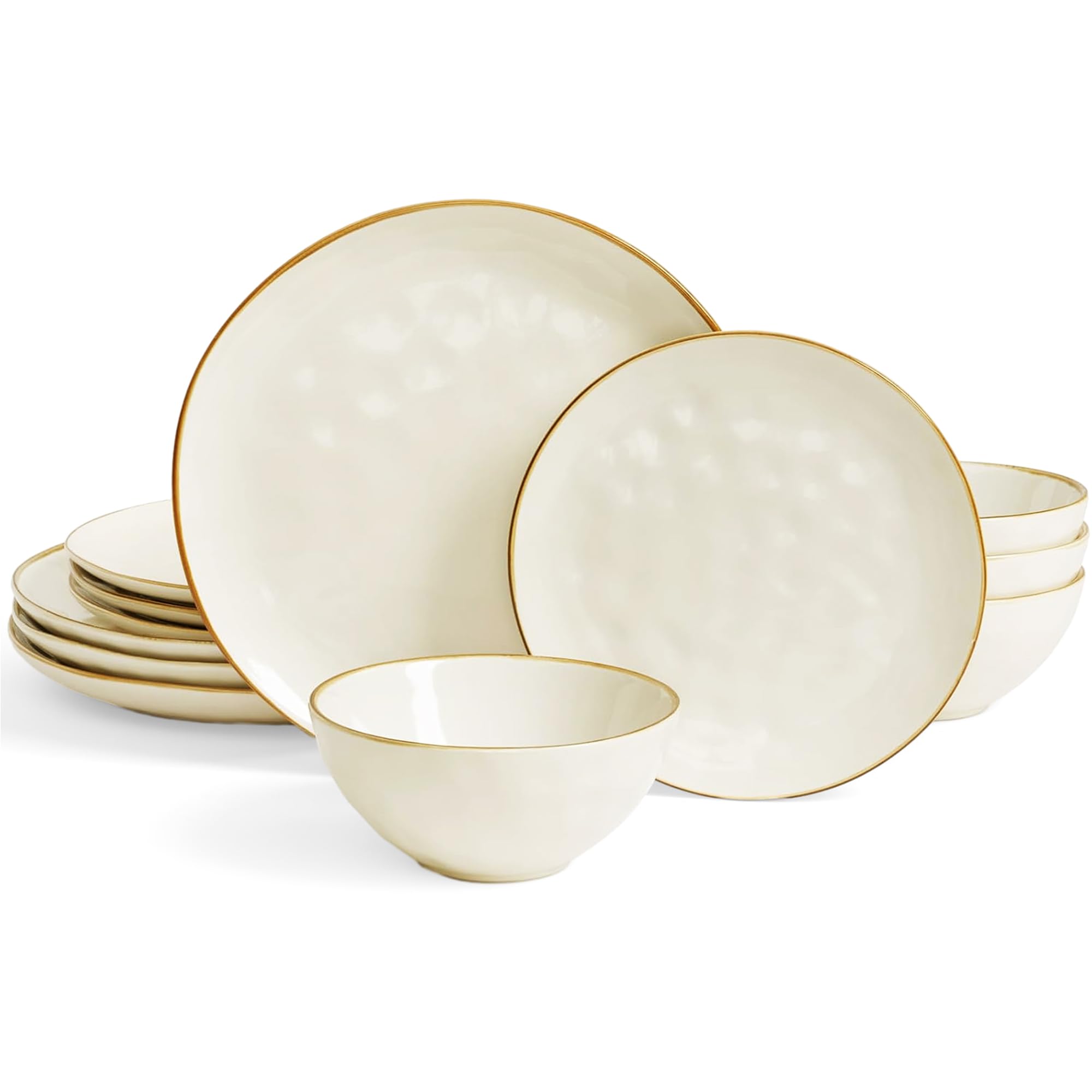 Richmount Ocean 12 Piece Dinner Set, Stoneware 3D Wave Relief Irregularly Shaped Plates and Bowls Set, Reactive Glaze Dinnerware Sets for 4, Dishwasher & Microwave Safe, Stylish & Durable, Beige