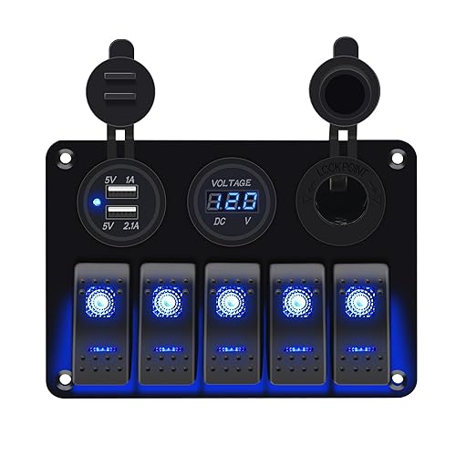 Geloo Panel de interruptor basculante de barco de 5 cuadras, impermeable, panel de interruptores marinos, panel de aluminio con enchufe USB Daul