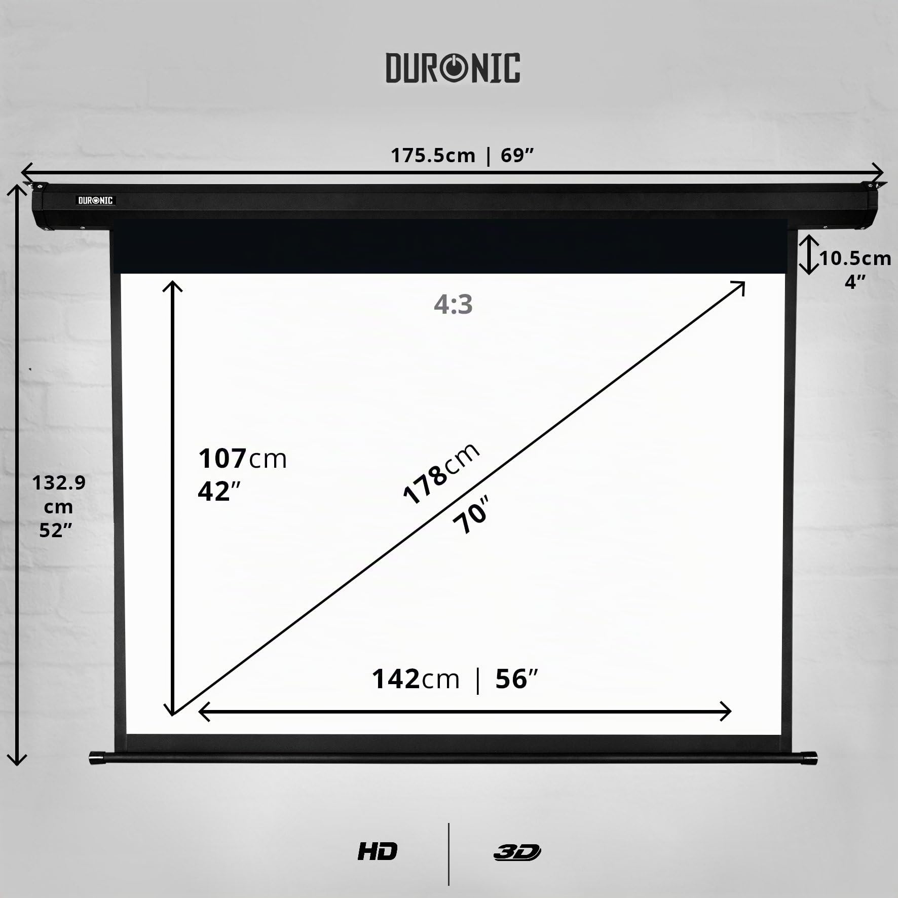 Duronic EPS70 4:3 Telo Proiettore 70 pollici, Schermo per proiettore, Telo da proiezione interno esterno, Home theater cinema Full HD 3D 4K, Schermo di proiezione anti pieghe per casa ufficio scuola